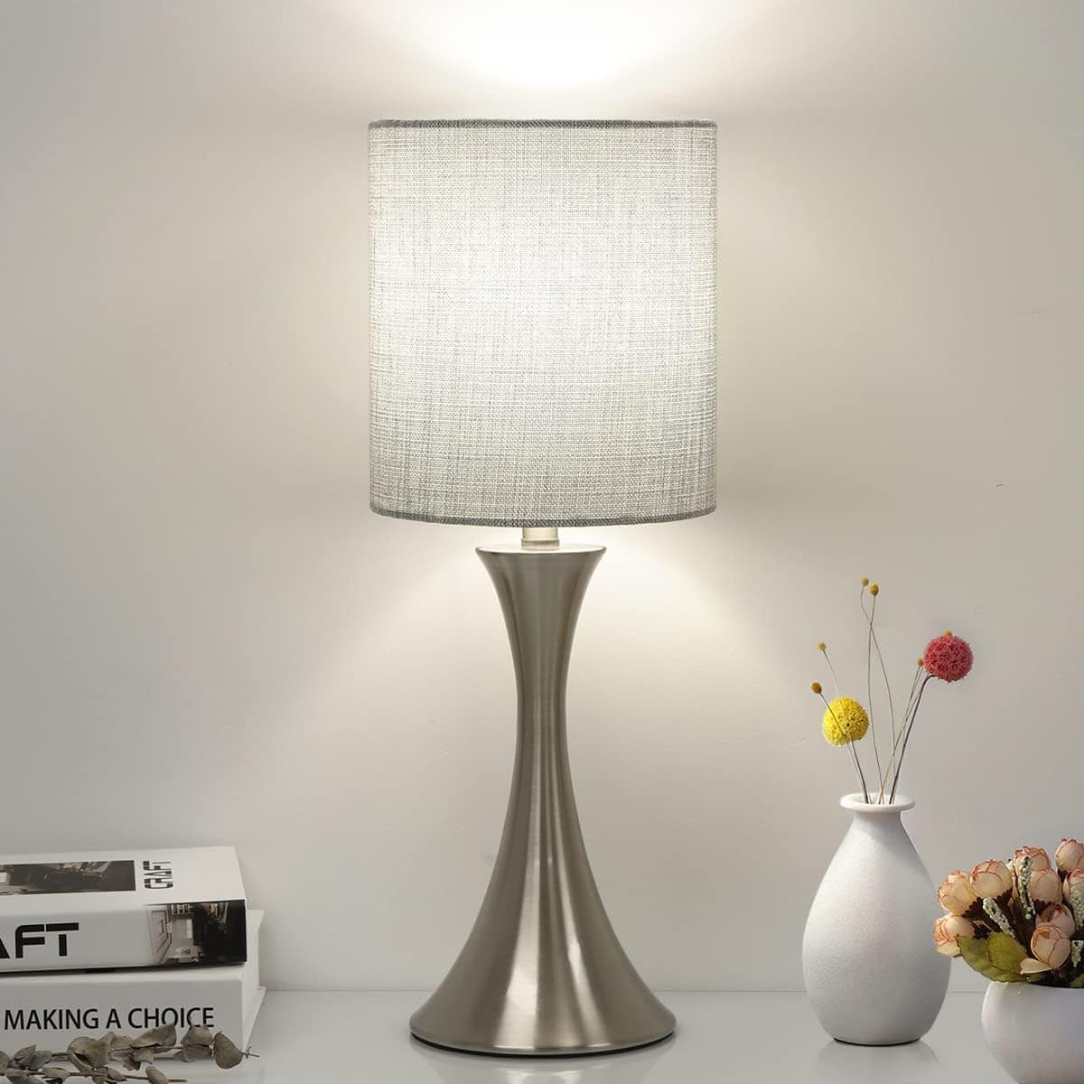 FINEAK - Modern Dimmable Touch Control Bedside Lamp with LED Bulb - Silver Base with Gray Shade