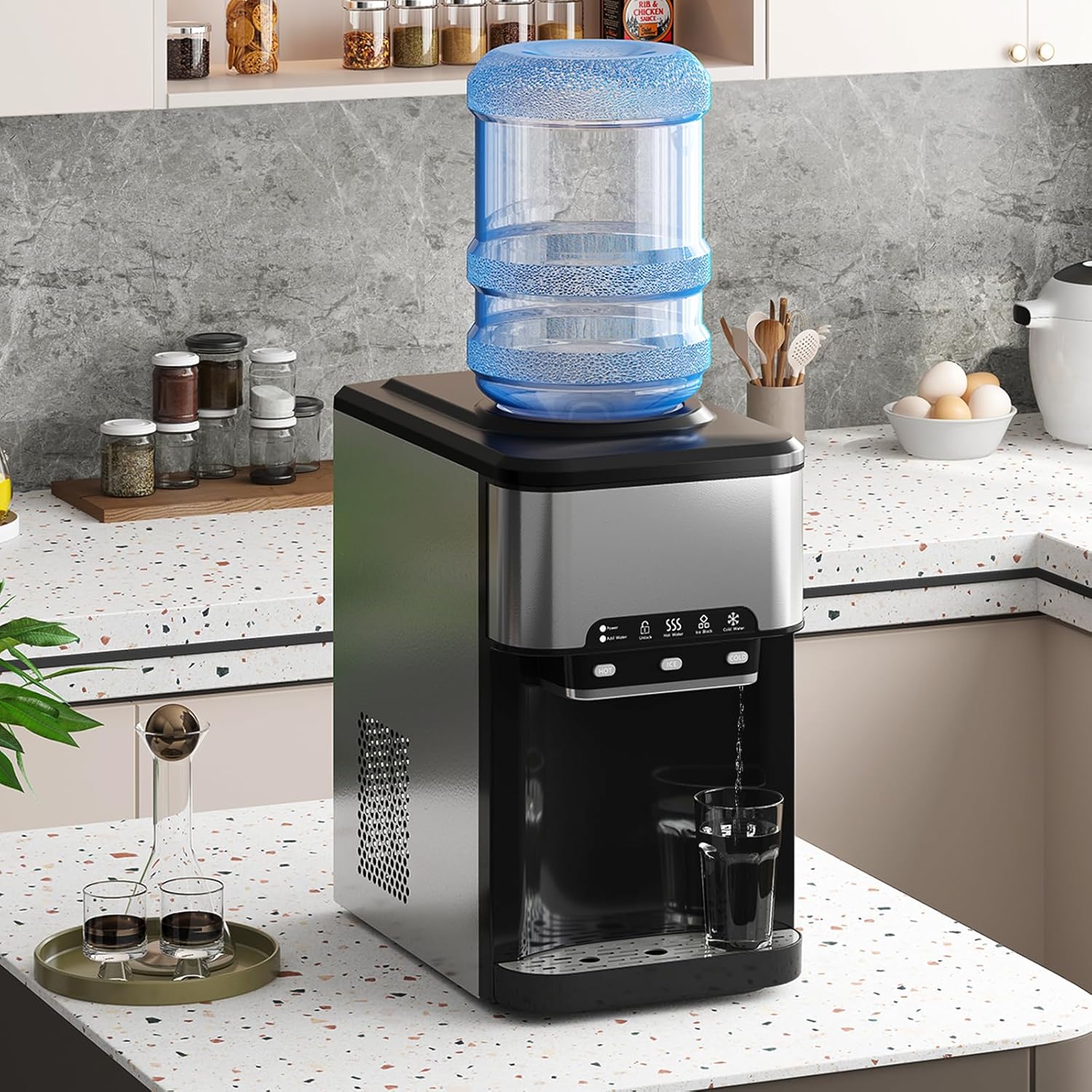 Alt View 1. Circus Cirle - 3-in-1 countertop water dispenser with ice-making function, 44lbs/24 hours ice production - BLACK.