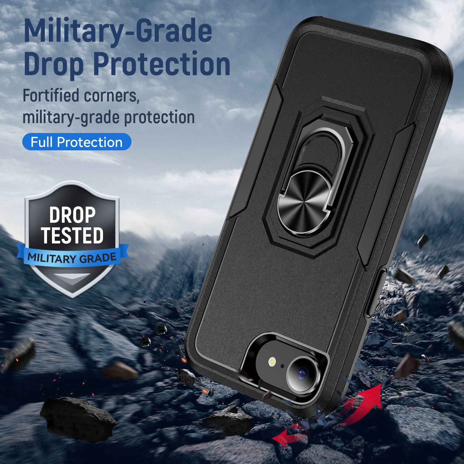 Military-Grade Drop Protection  
Fortified corners, military-grade protection  
Full Protection  

DROP TESTED  
MILITARY GRADE