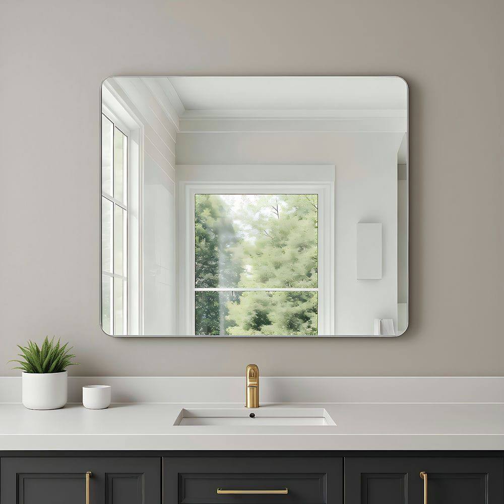 Kadyn - 36x30 Inch Wide Rectangle Wall Mirror with Rounded Corners and Silver Metal Frame - Silver