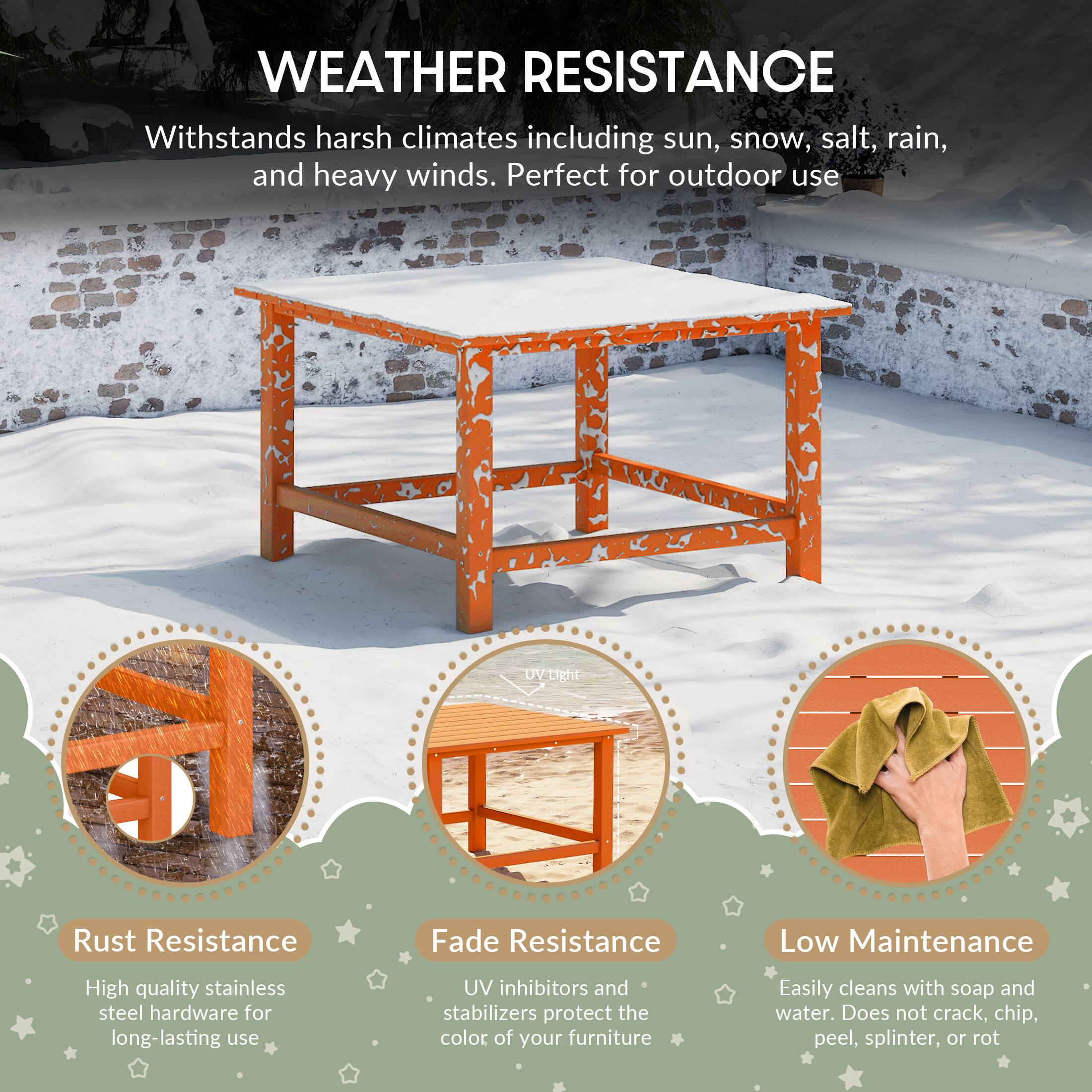 WEATHER RESISTANCE

Withstands harsh climates including sun, snow, salt, rain, and heavy winds. Perfect for outdoor use

Rust Resistance
High quality stainless steel hardware for long-lasting use

Fade Resistance
UV inhibitors and stabilizers protect the color of your furniture

Low Maintenance
Easily cleans with soap and water. Does not crack, chip, peel, splinter, or rot