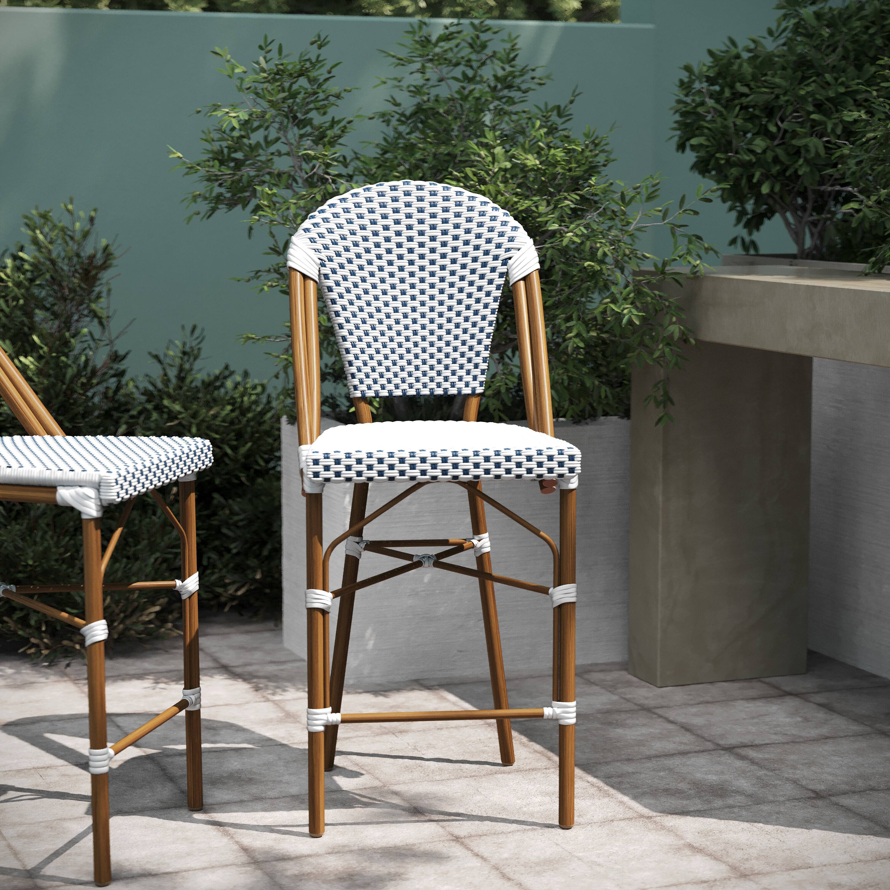 Alt View 5. Emma + Oliver - Colmar Set of Two Indoor/Outdoor 26" High Stacking Bistro Counter Stools with Patterned Seat and Back and Metal Frames - White & Navy/Natural Frame.