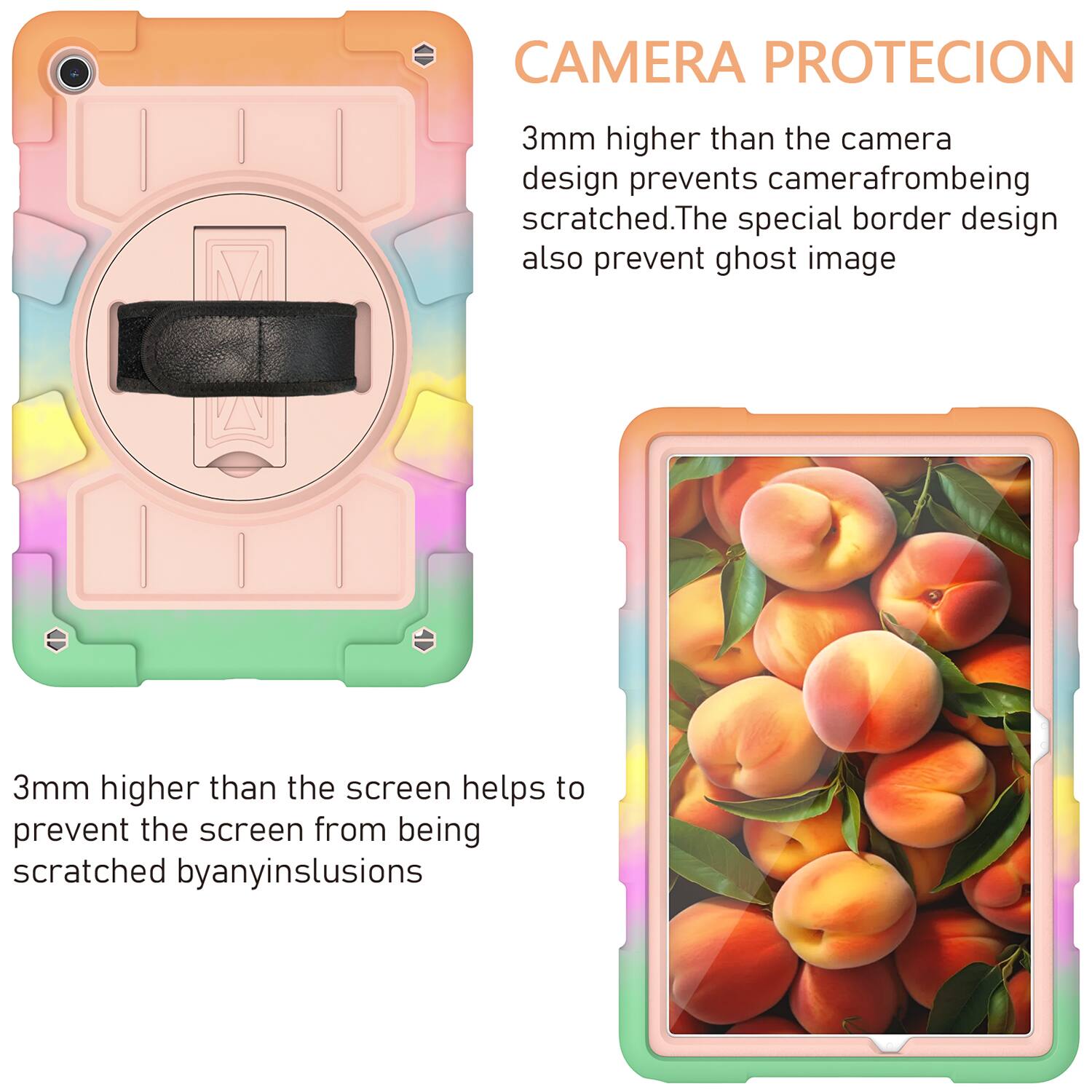 CAMERA PROTECION  
3mm higher than the camera design prevents camera from being scratched. The special border design also prevents ghost image.  

3mm higher than the screen helps to prevent the screen from being scratched by any inclusions.