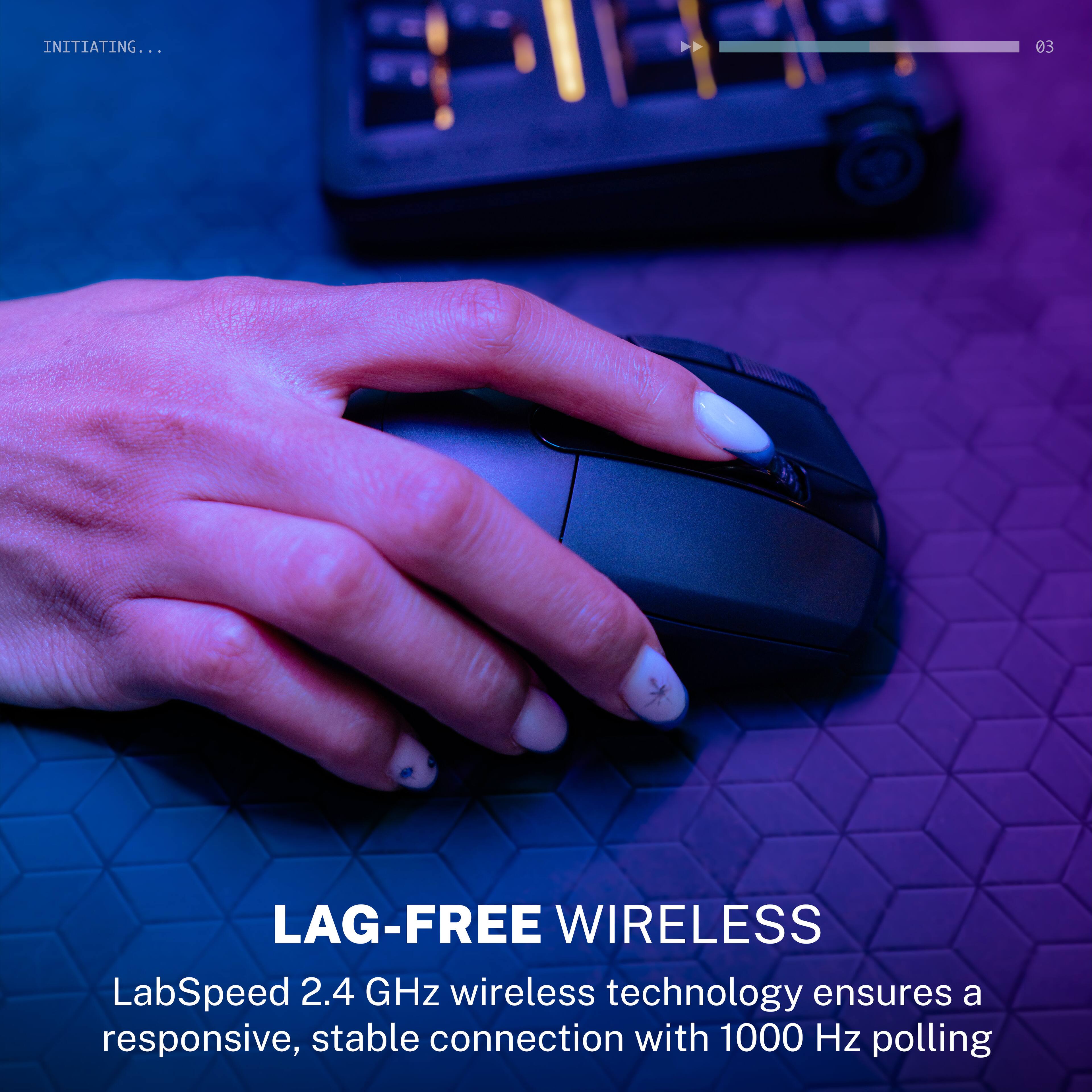 INITIATING...  
03  

LAG-FREE WIRELESS  
LabSpeed 2.4 GHz wireless technology ensures a responsive, stable connection with 1000 Hz polling