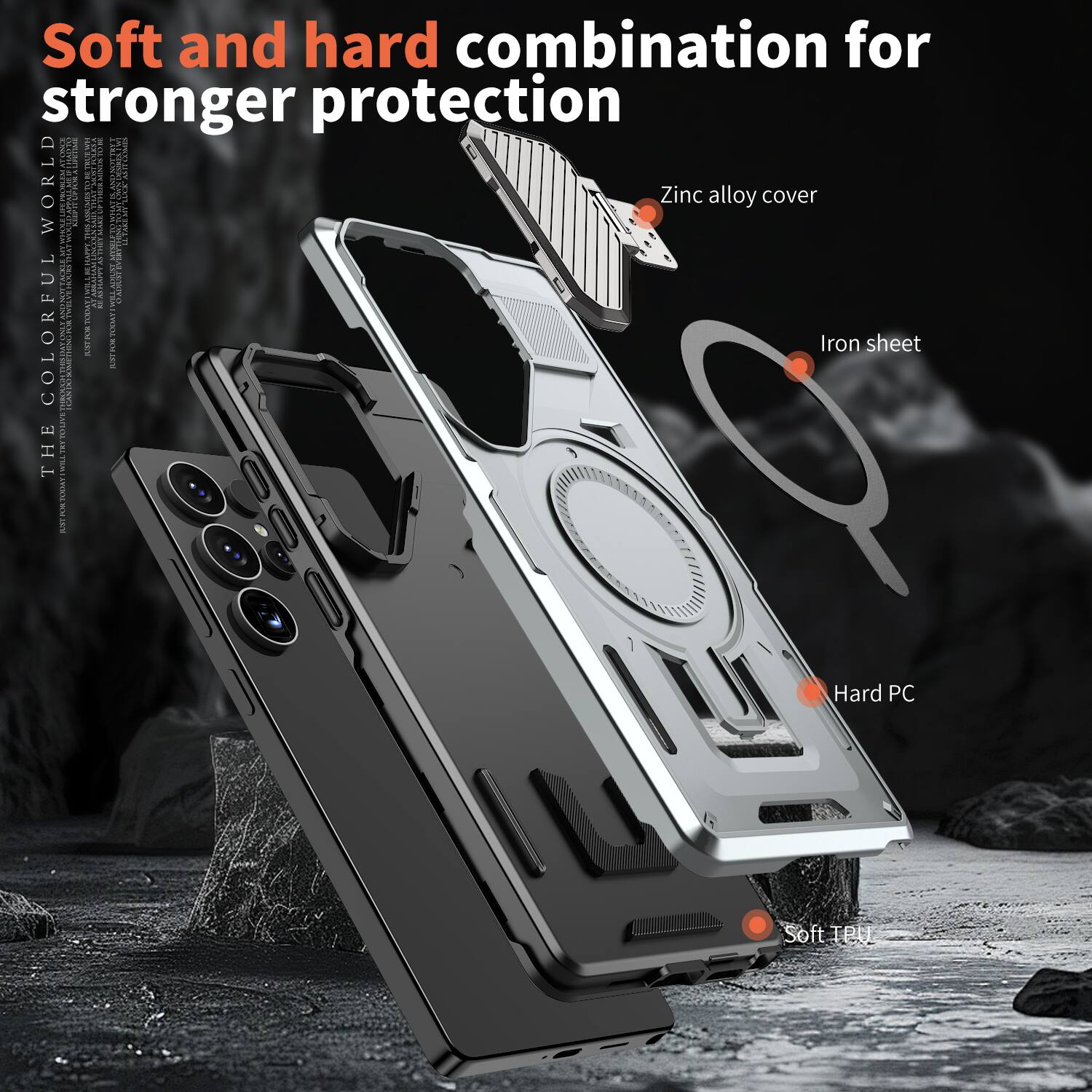 Soft and hard combination for stronger protection

- Zinc alloy cover
- Iron sheet
- Hard PC
- Soft TPU