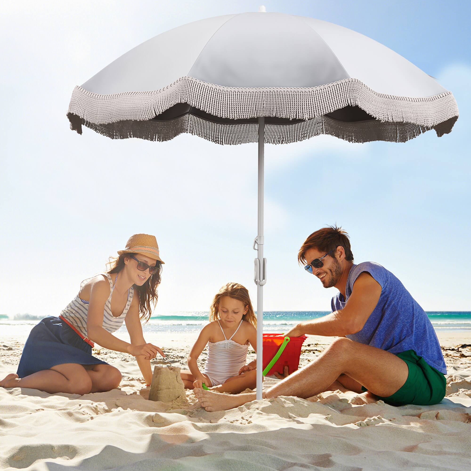 Alt View 1. Gymax - Gymax 6.5 FT Beach Umbrella w/ Fringe Tassel Umbrella w/ Push Button Tilt Sand Anchor Cream White - Cream White.