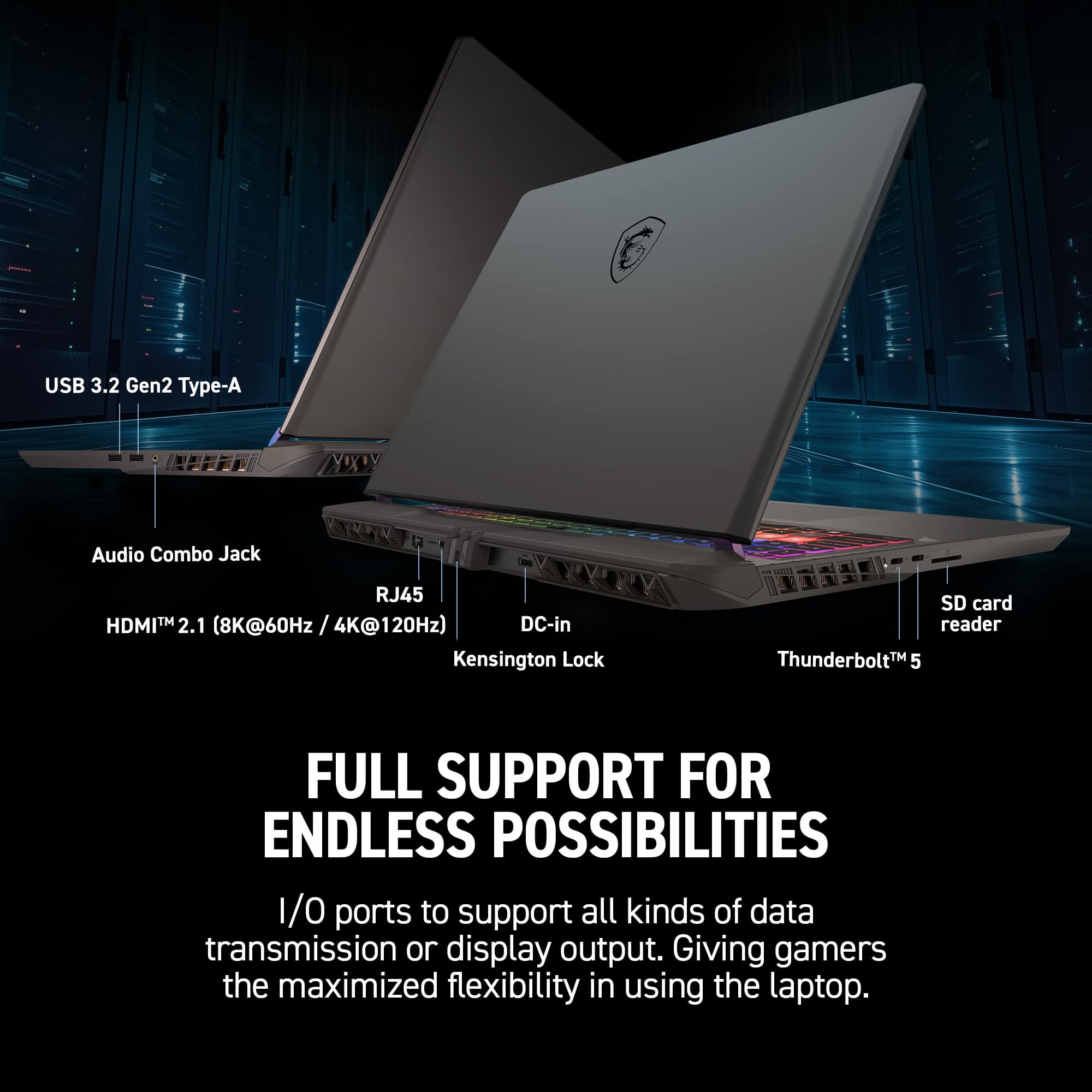 Full support for endless possibilities. I/O ports to support all kinds of data transmission or display output, giving gamers the maximized flexibility in using the laptop.