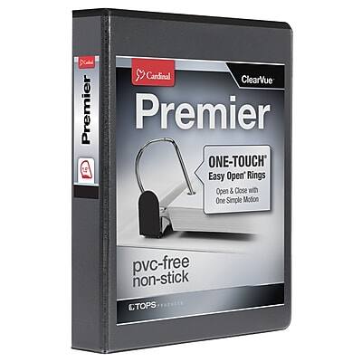 Sure, here is the corrected and grouped text from the image:

---

**Cardinal ClearVue Premier**

**Premier**

**ONE-TOUCH 'Easy Open' Rings**
- Open & Close with One Simple Motion

**pvc-free non-stick**

**CTOPS**

---