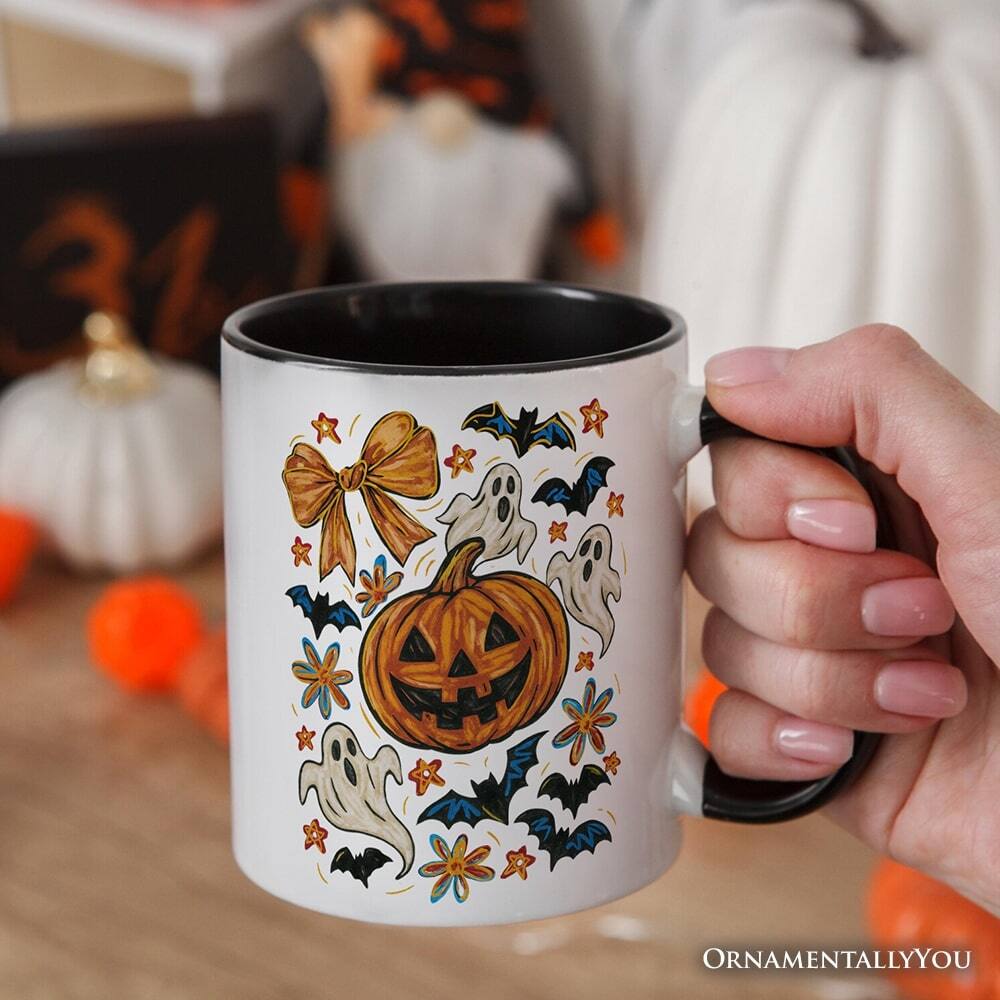 Left. OrnamentallyYou - Pumpkin Ghosts Coquette Bow Mug, Retro Fall Spooky Gift - White.