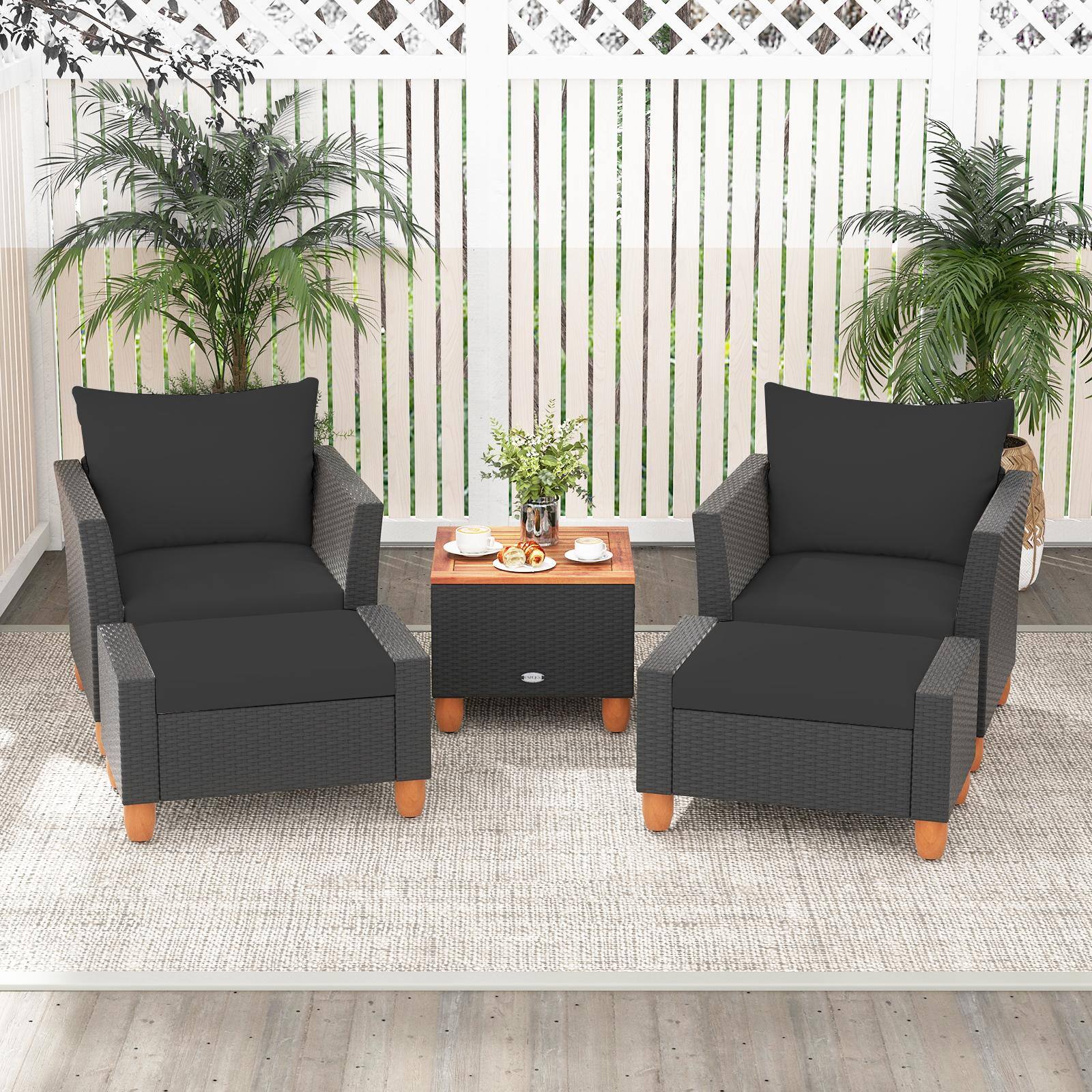 Alt View 3. Costway - Costway 5 PCS Patio Furniture Set with Storage Table Ottomans Soft Pillows & Cushions - Black.