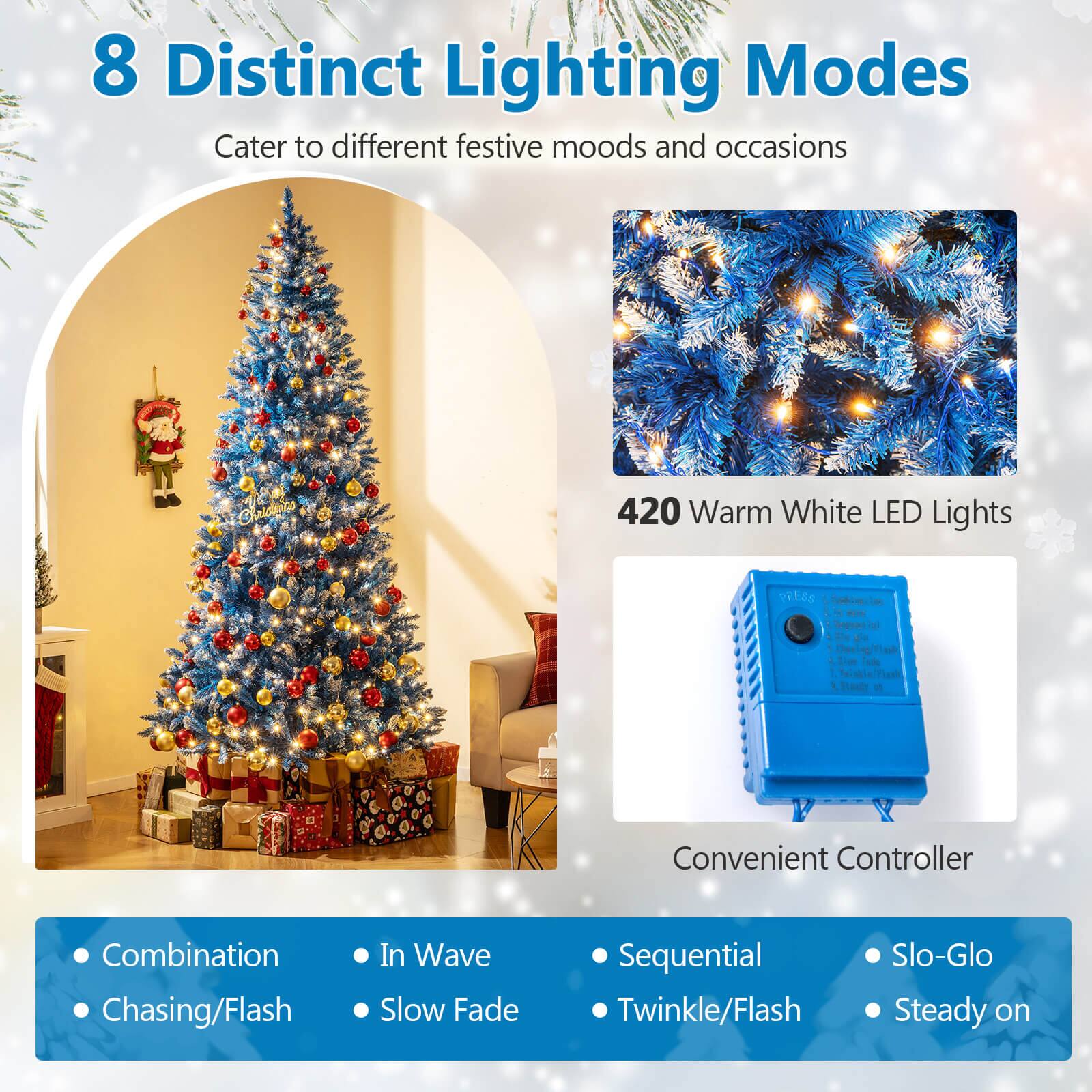 8 Distinct Lighting Modes  
Cater to different festive moods and occasions  

420 Warm White LED Lights  

Convenient Controller  

- Combination  
- Chasing/Flash  
- In Wave  
- Slow Fade  
- Sequential  
- Twinkle/Flash  
- Slo-Glo  
- Steady on