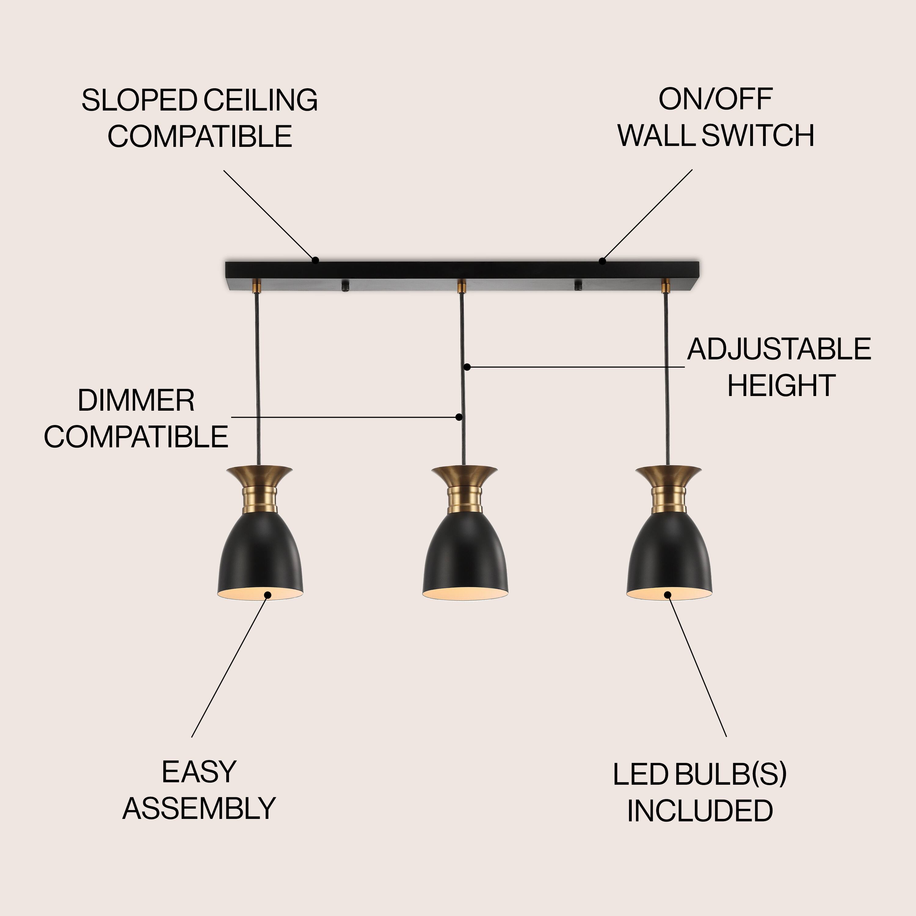 Sloped Ceiling Compatible  
On/Off Wall Switch  
Dimmer Compatible  
Adjustable Height  
Easy Assembly  
LED Bulb(s) Included
