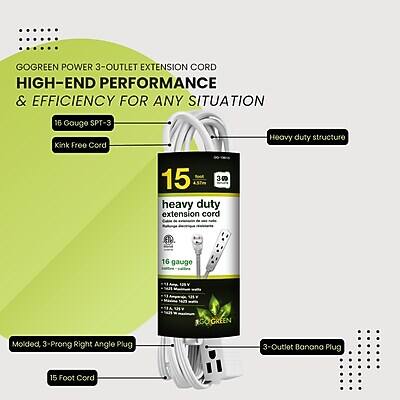 GOGREEN POWER 3-OUTLET EXTENSION CORD  
HIGH-END PERFORMANCE & EFFICIENCY FOR ANY SITUATION  

16 Gauge SPT-3 Kink Free Cord  
Heavy duty structure  

15 Foot Cord  
Heavy duty extension cord  

16 gauge  
95  
VKP  
GOGREEN  

Molded, 3-Prong Right Angle Plug  
3 Outlet Banana Plug
