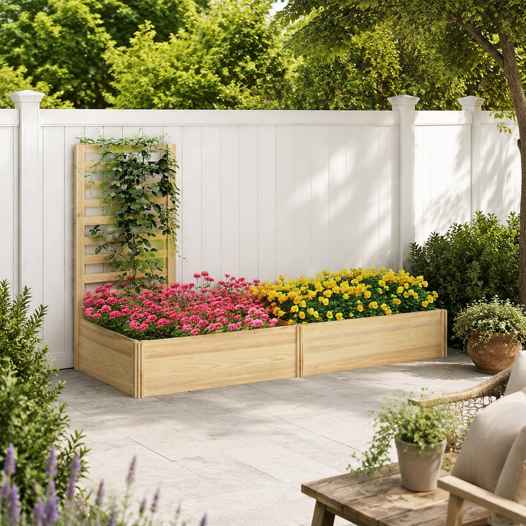 Back. RYHNUYNE - Wooden Raised Garden Bed with Trellis, 43 Inch Fir Wood Planter Box, 2 Compartments for Climbing Plants - Natural.