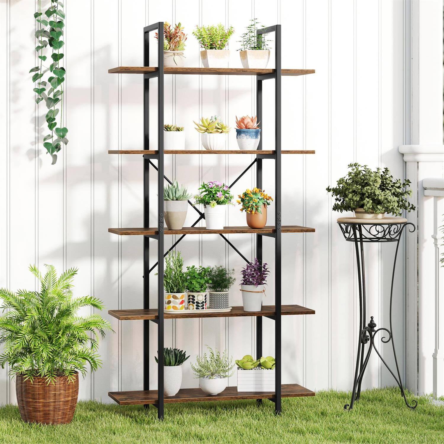 Alt View 1. Pefilos - 5-Tier Vintage Industrial Bookcase - 62-Inch Heavy-Duty, Open Shelving, Rustic Brown - Brown.