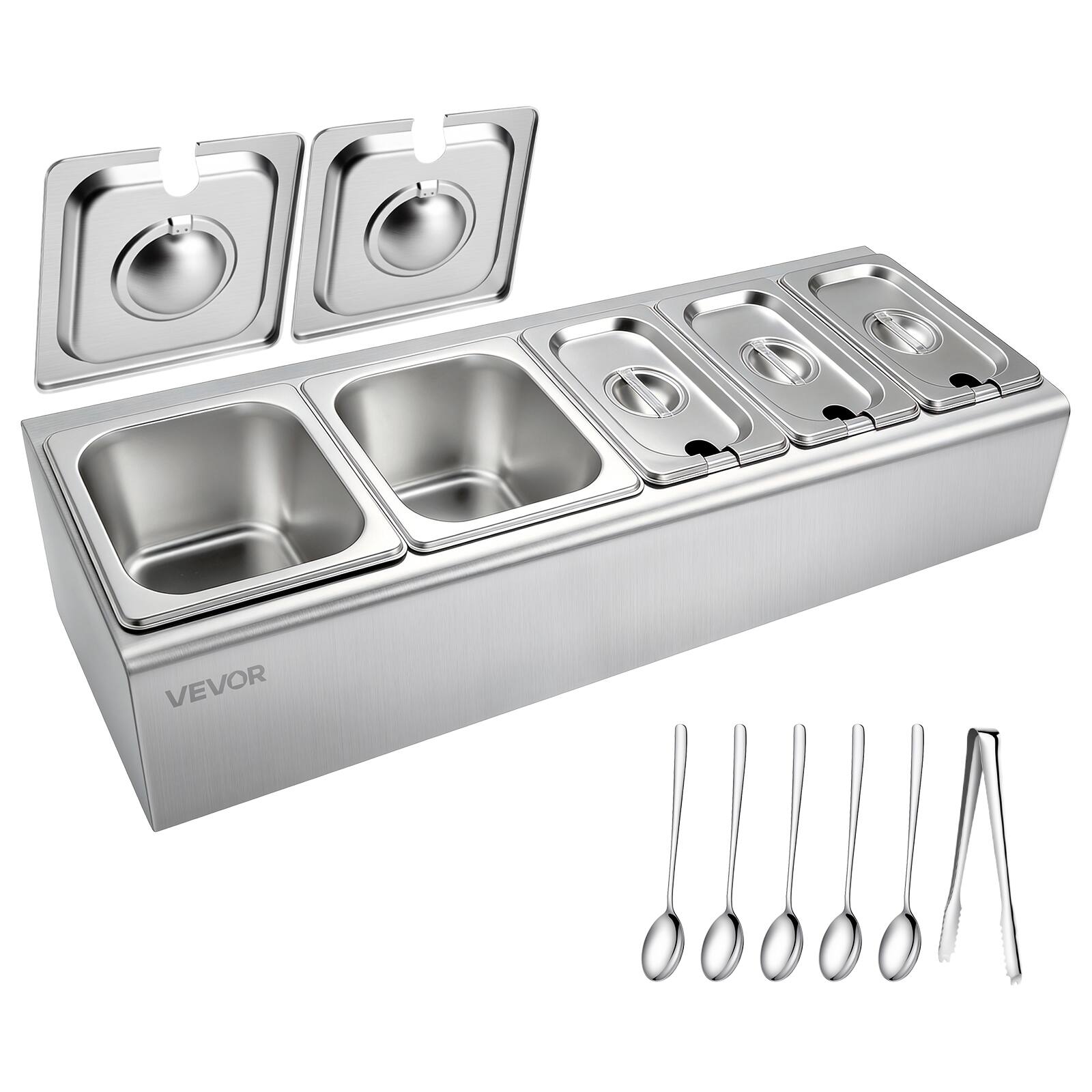 Alt View 5. VEVOR - Countertop Food Serving Display Container, Stainless Steel Food Salad Server Tray, Buffet Condiment Dispenser,Ice Cooled - Silver.