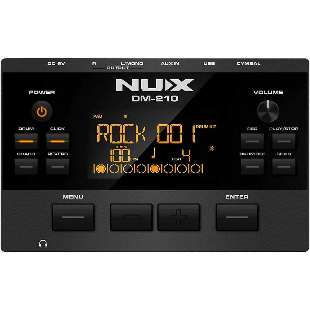 NUX DM-210

DC-8V
R OUTPUT
L/MONO
AUX IN
USB
CYMBAL

POWER
DRUM
CLICK
PAD
COACH
REVERB

VOLUME
REC
PLAY/STOP
DRUM KIT
DRUM OFF
SONG

MENU
ENTER

ROCK 001
TEMPO 100
BEAT 4