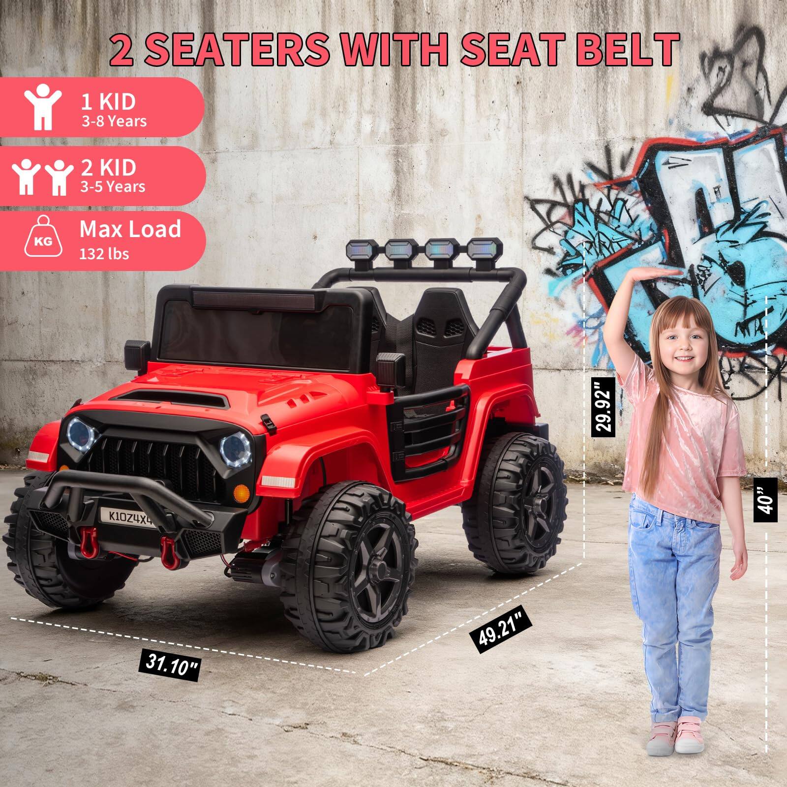 2 SEATERS WITH SEAT BELT

1 KID
3-8 Years

2 KID
3-5 Years

Max Load
132 lbs

Dimensions:
- Length: 49.21"
- Width: 31.10"
- Height: 35.62"
- Seat Width: 40"