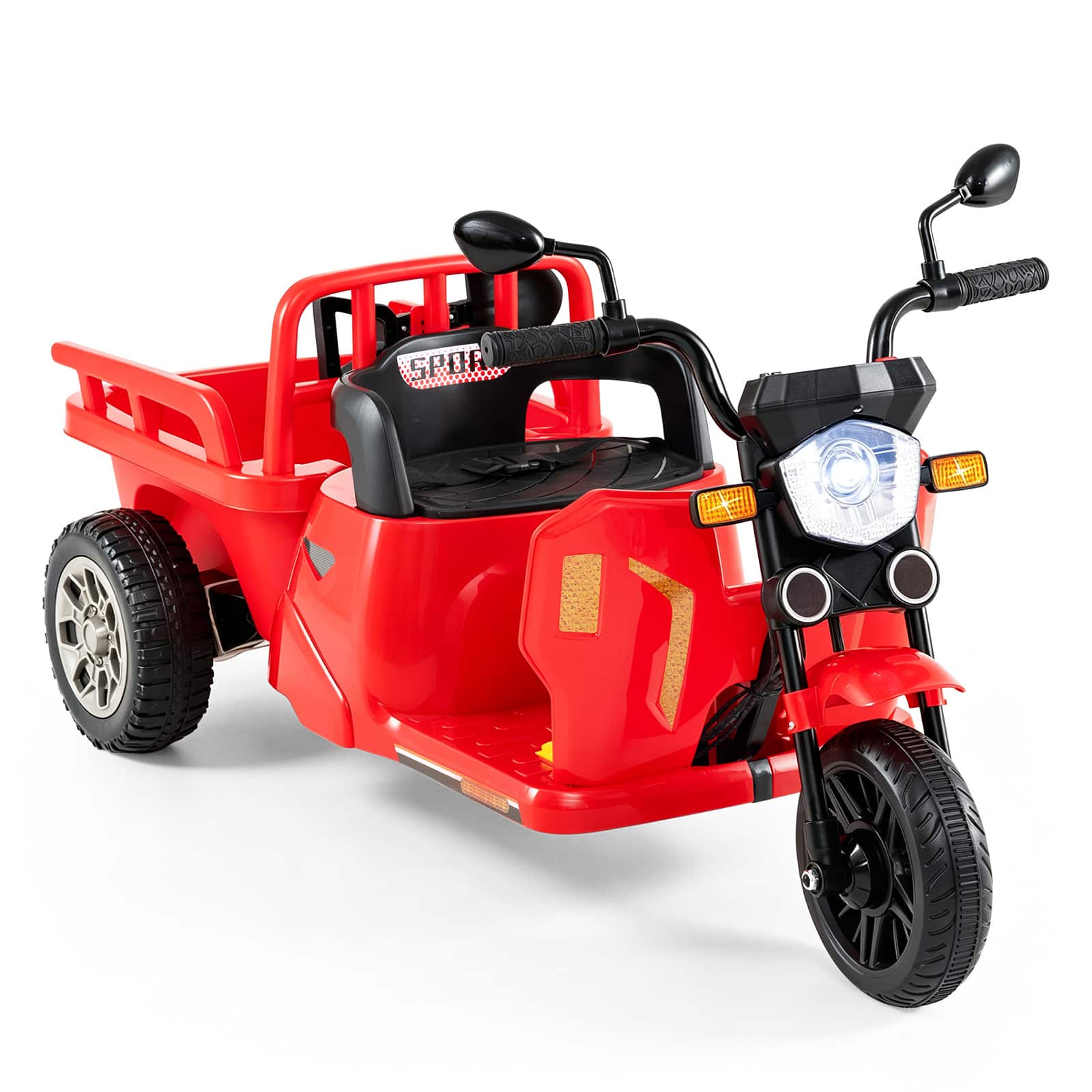 Costway - 12V Kids Motorcycle with 3 Wheels, Trailer, Shovel, 2 x 75W Motors, 2 Speed Levels - Red