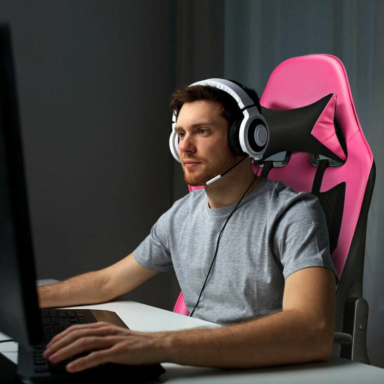 Alt View 2. SKONYON - PU Leather Gaming Chair with Massage Lumbar and Footrest - Pink.