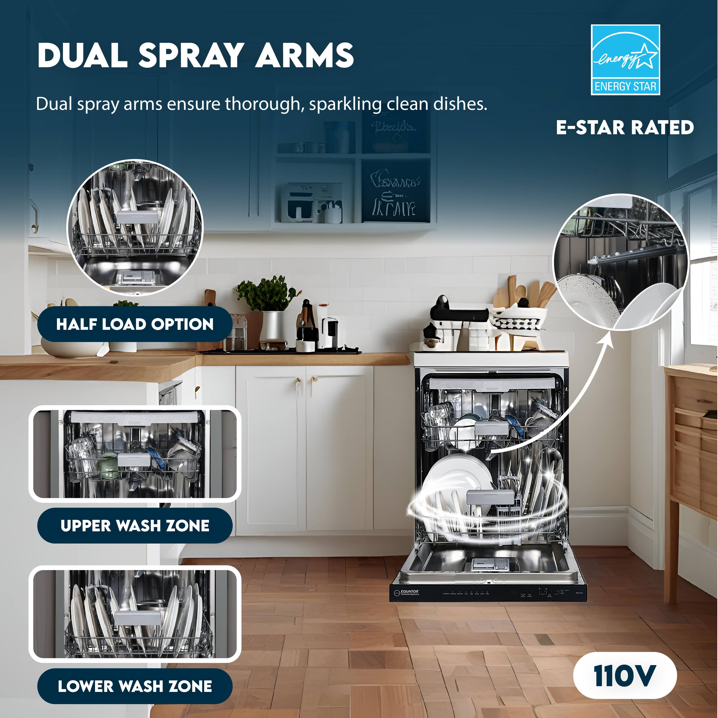 DUAL SPRAY ARMS  
Dual spray arms ensure thorough, sparkling clean dishes.

HALF LOAD OPTION

UPPER WASH ZONE

LOWER WASH ZONE

E-STAR RATED

110V