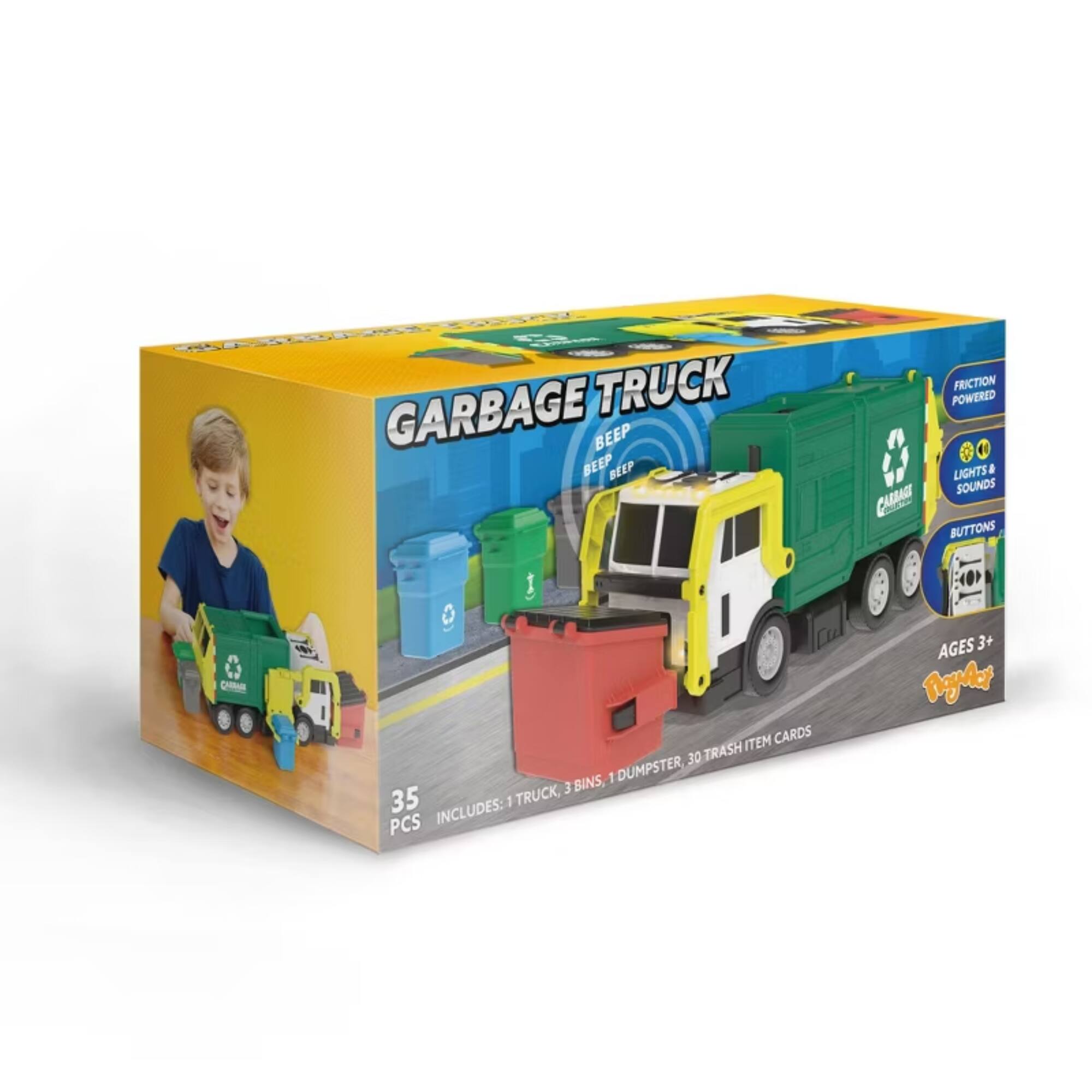 GARBAGE TRUCK BEEP BEEP BEEP CARAOE FRICTION POWERED LIGHTS & SOUNDS BUTTONS C ITEM CARDS 30 TRASH ITEM CARDS, 3 BINS, 1 DUMPSTER, 35 PCS INCLUDES: AGES 3+