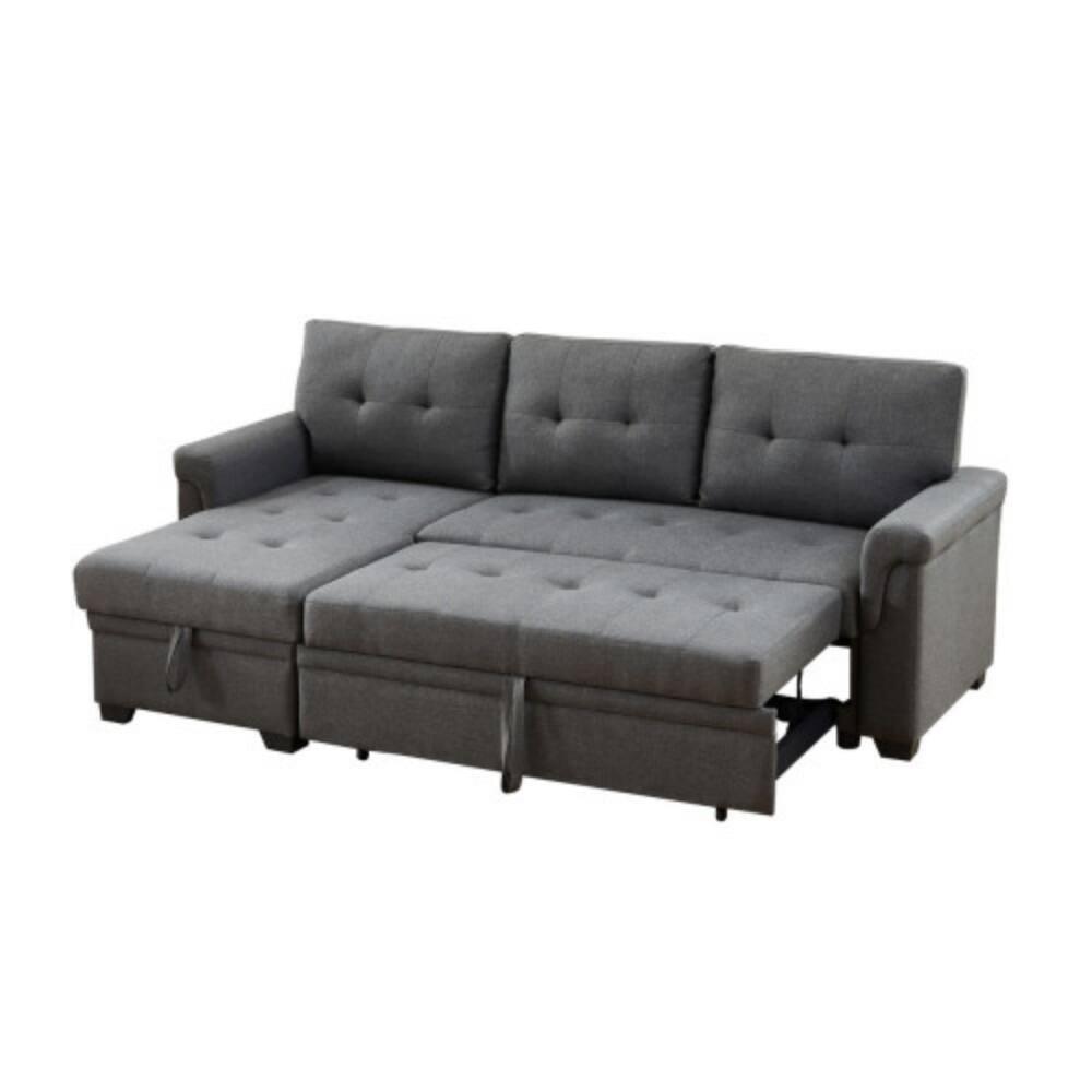 Back. LUCKY ONE - 84" Dark Gray Linen Reversible Sleeper Sectional Sofa with Storage Chaise, Pull-Out Bed, Tufted Cushions - Dark Gray.