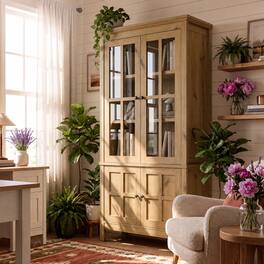 Aheaplus - 63'' Tall Farmhouse Bookcase with Glass Doors and Adjustable Shelves - Yellow Oak