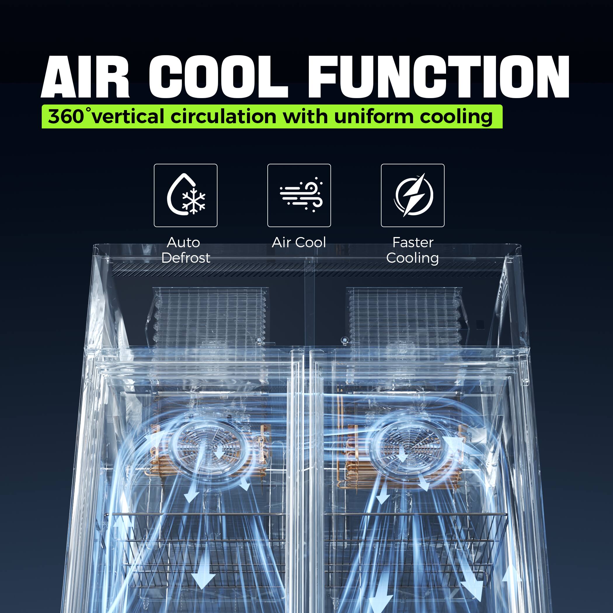 AIR COOL FUNCTION  
360° vertical circulation with uniform cooling  

- Auto Defrost  
- Air Cool  
- Faster Cooling