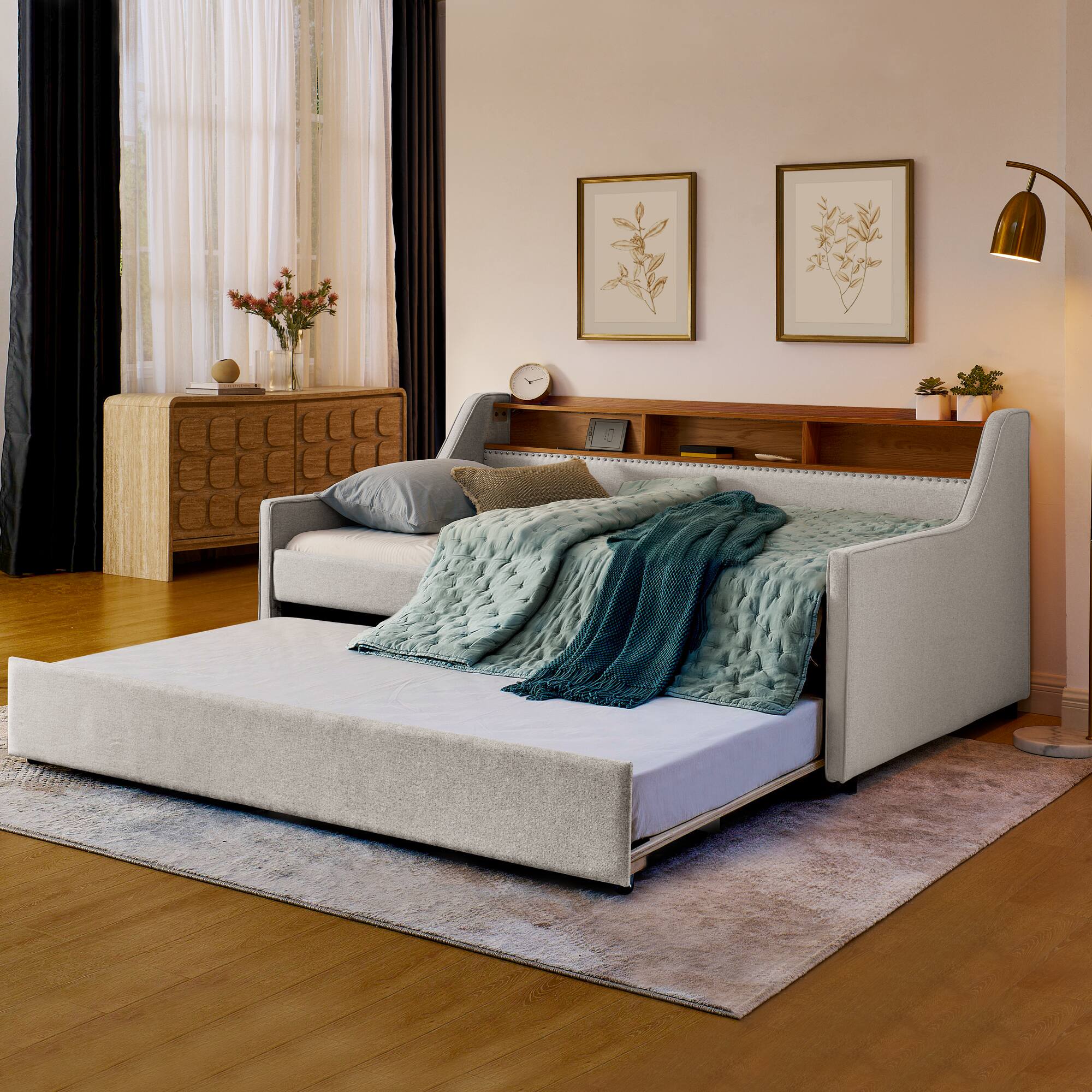 Angle. Anysun - Twin Upholstered Sofa Bed with LED Lights&Storage-Adjustable Headboard, Pull-Up Trundle & Wireless Charging, Linen Frame - Beige.