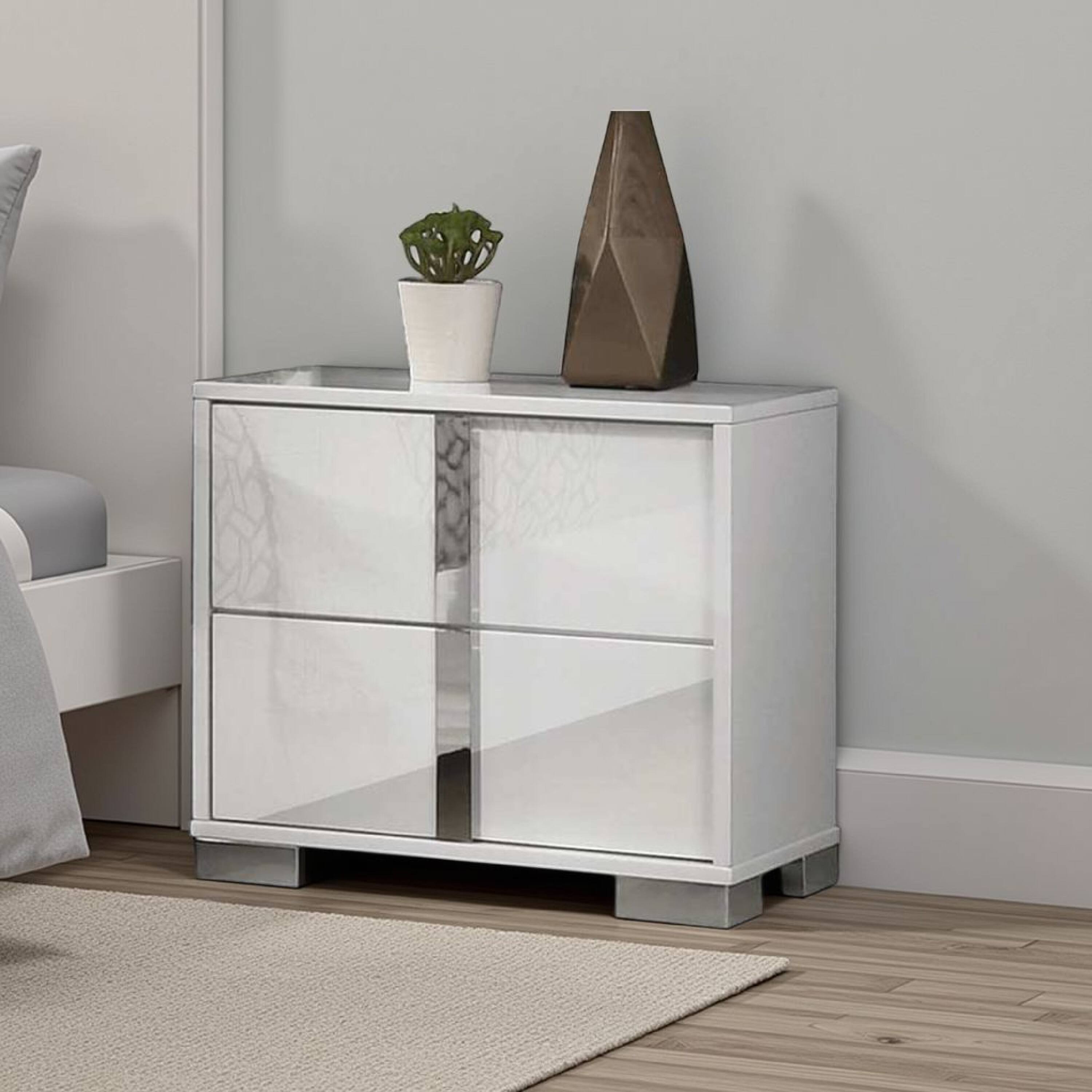 Alt View 5. Manhattan Lane - Suni Nightstand, Glossy White Wood with UV Finish, 2 Drawers, 24 Inch - White, Chrome.