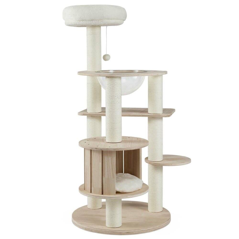 Angle. Kadyn - 52-Inch Tall Wooden Multi-Level Cat Climbing Stand with Washable Cushions - Brown.