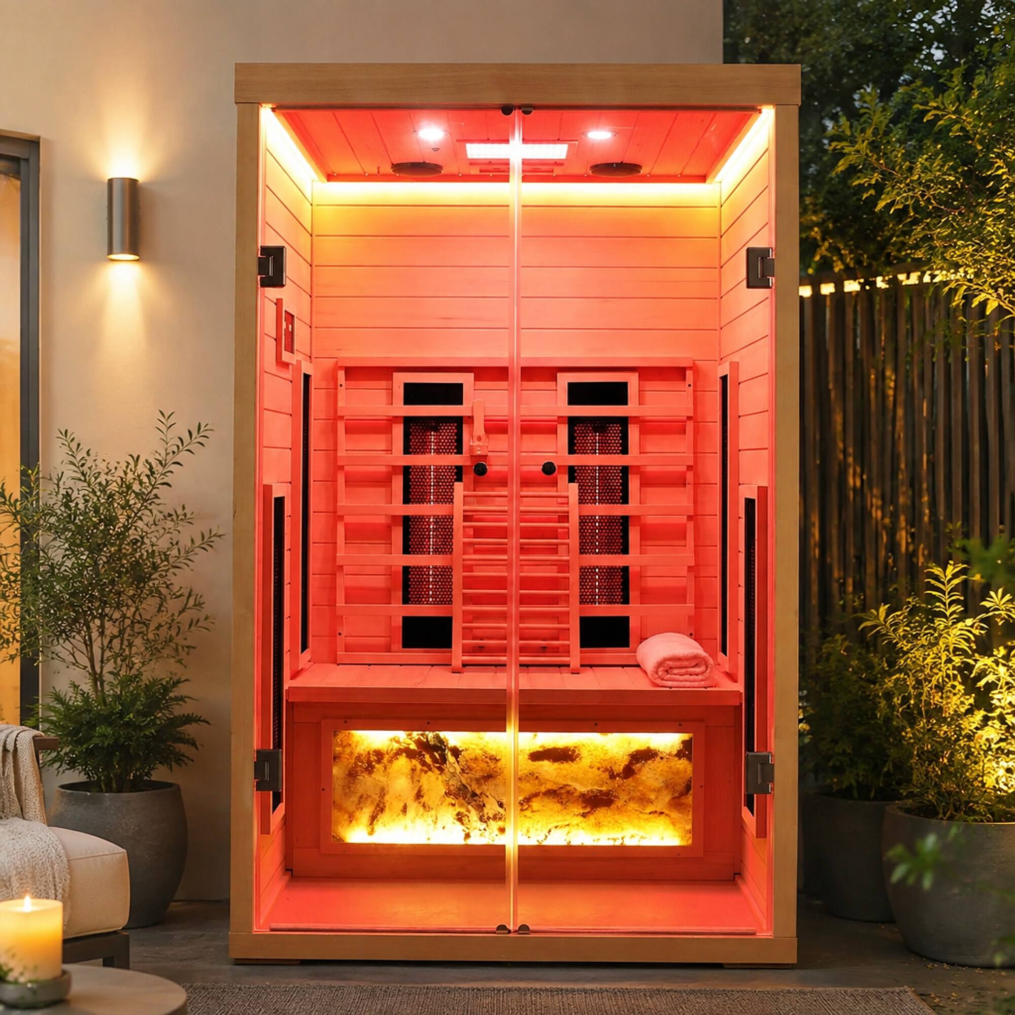 Angle. RYHNUYNE - Two Person Hemlock Wood Far-Infrared Sauna Room, Low EMF Heaters, Digital Control Panel, Dry Cabin Design - Natural.