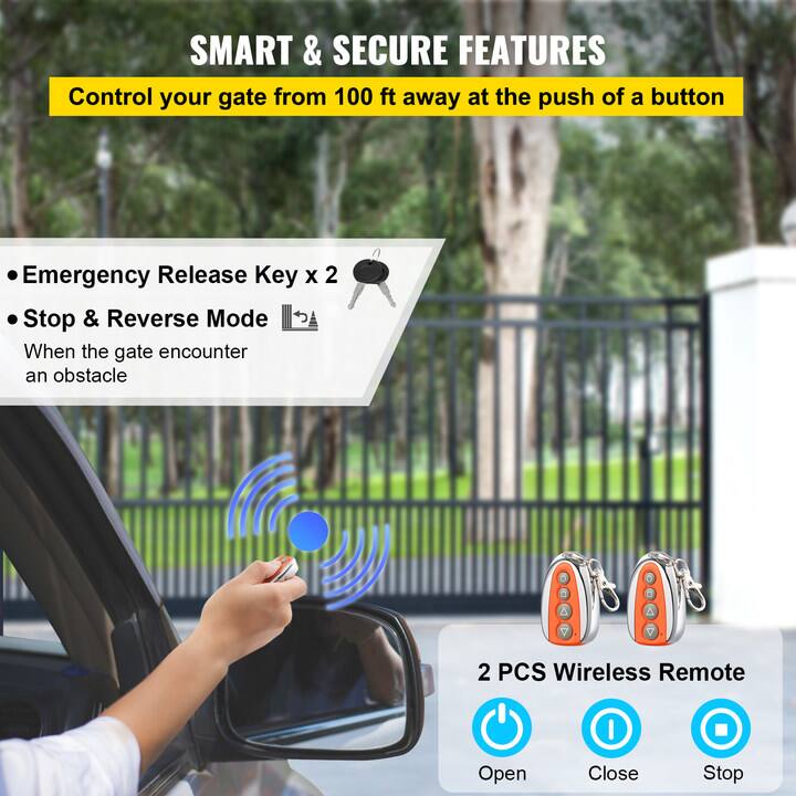 SMART & SECURE FEATURES, Control your gate from 100 ft away at the push of a button, Emergency Release Key x 2, Stop & Reverse Mode When the gate encounter an obstacle, 2 PCS Wireless Remote, Open, Close, Stop