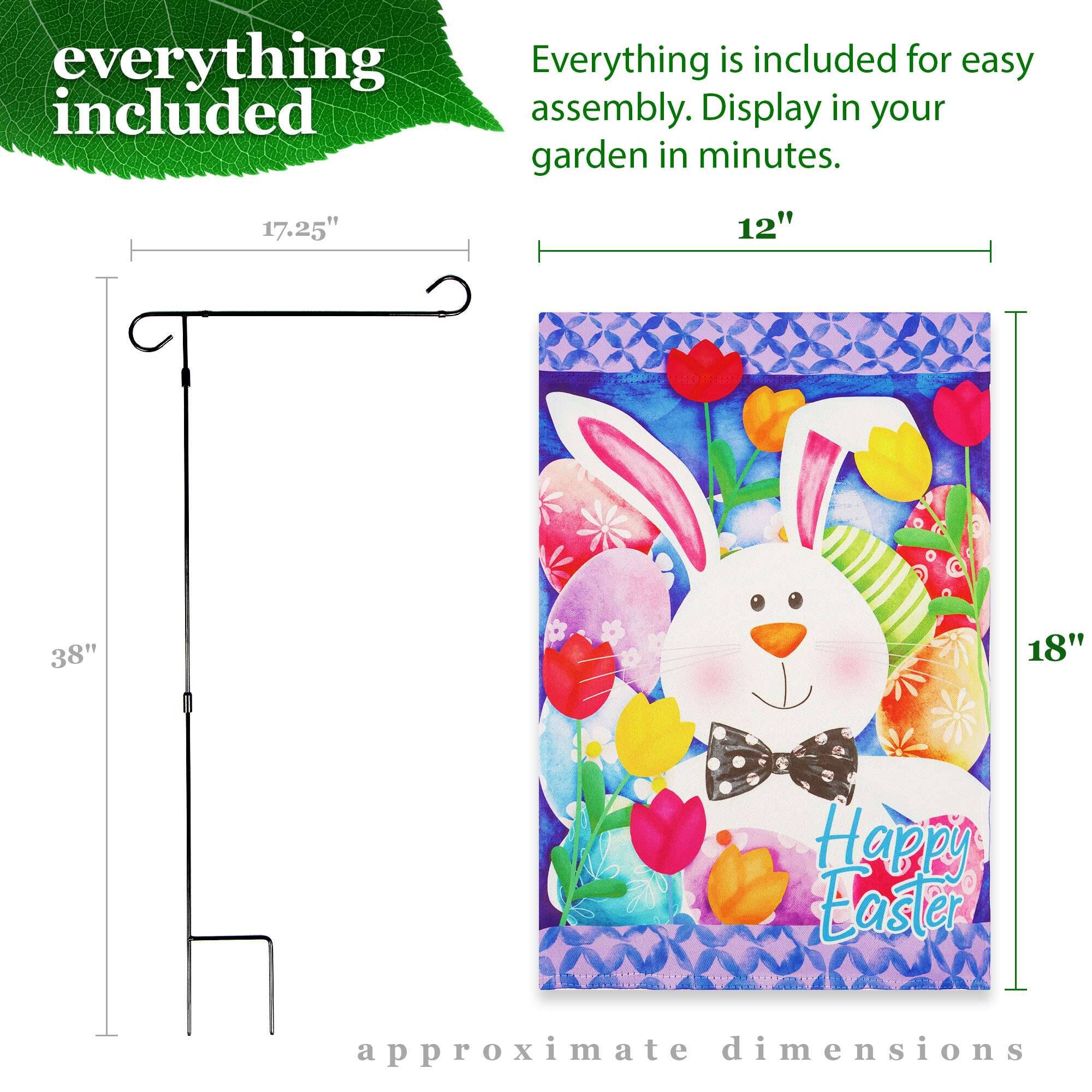 Everything is included for easy assembly. Display in your garden in minutes.

17.25" 12" 38" 18" Happy Easter approximate dimensions
