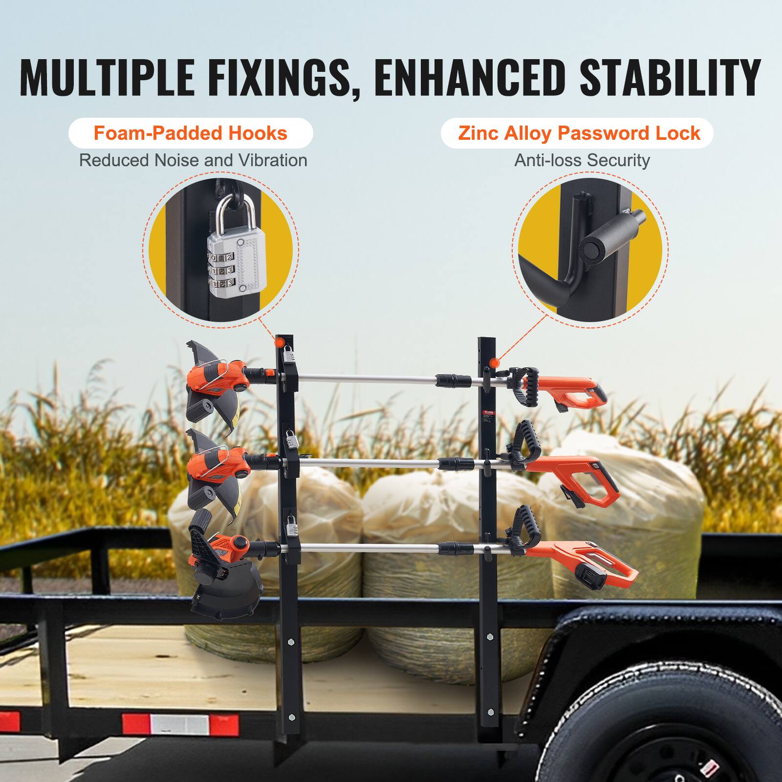 MULTIPLE FIXINGS, ENHANCED STABILITY

Foam-Padded Hooks  
Reduced Noise and Vibration

Zinc Alloy Password Lock  
Anti-loss Security