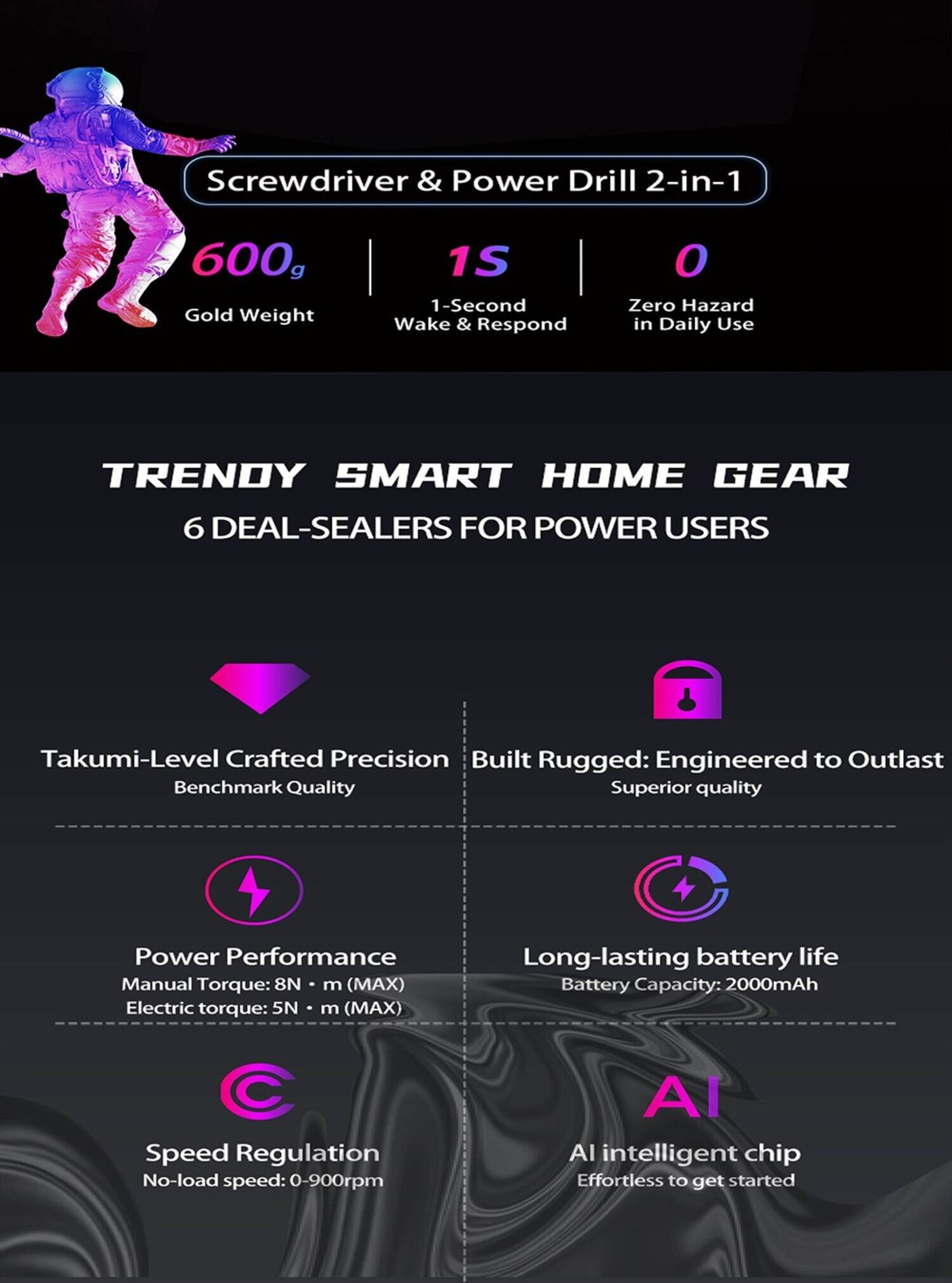 Screwdriver & Power Drill 2-in-1

600g Gold Weight

1S 1-Second Wake & Respond

O Zero Hazard in Daily Use

TRENDY SMART HOME GEAR

6 DEAL-SEALERS FOR POWER USERS

Takumi-Level Crafted Precision
Benchmark Quality

Built Rugged: Engineered to Outlast
Superior quality

Power Performance
Manual Torque: 8N m (MAX)
Electric torque: 5N m (MAX)

Long-lasting battery life
Battery Capacity: 2000mAh

Speed Regulation
No-load speed: 0-900rpm

AI intelligent chip
Effortless to get started