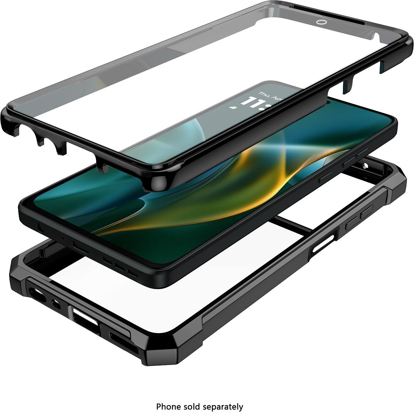 The image shows a phone case with a screen protector and a phone stand. The phone stand is designed to hold the phone in an upright position, making it easy to view the screen. The case and screen protector are available for purchase separately.
