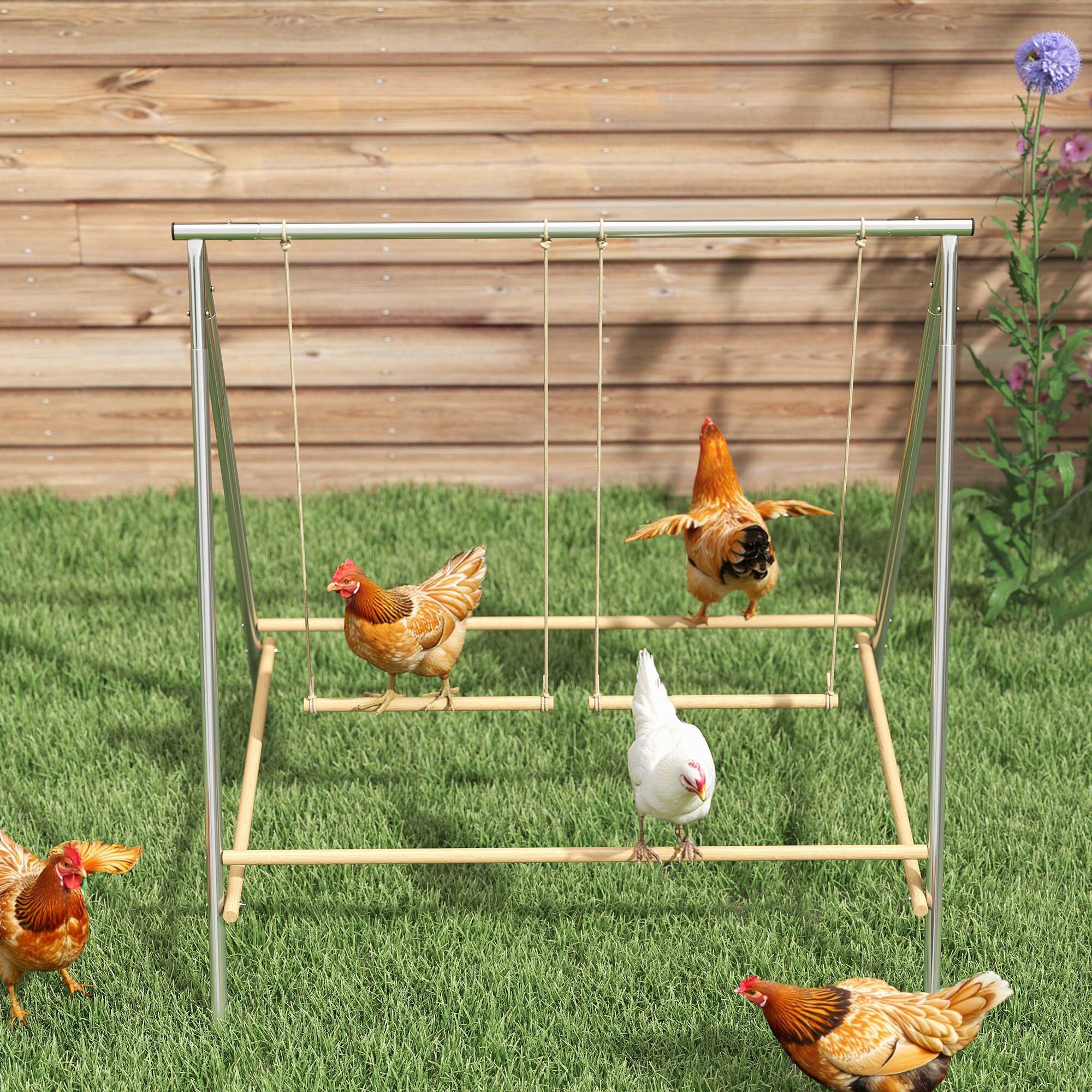 Alt View 7. Pawhut - Chicken Perch for Coop, Chicken Roosting Bars with 2 Swings, Coop Accessories for Farm - Silver.