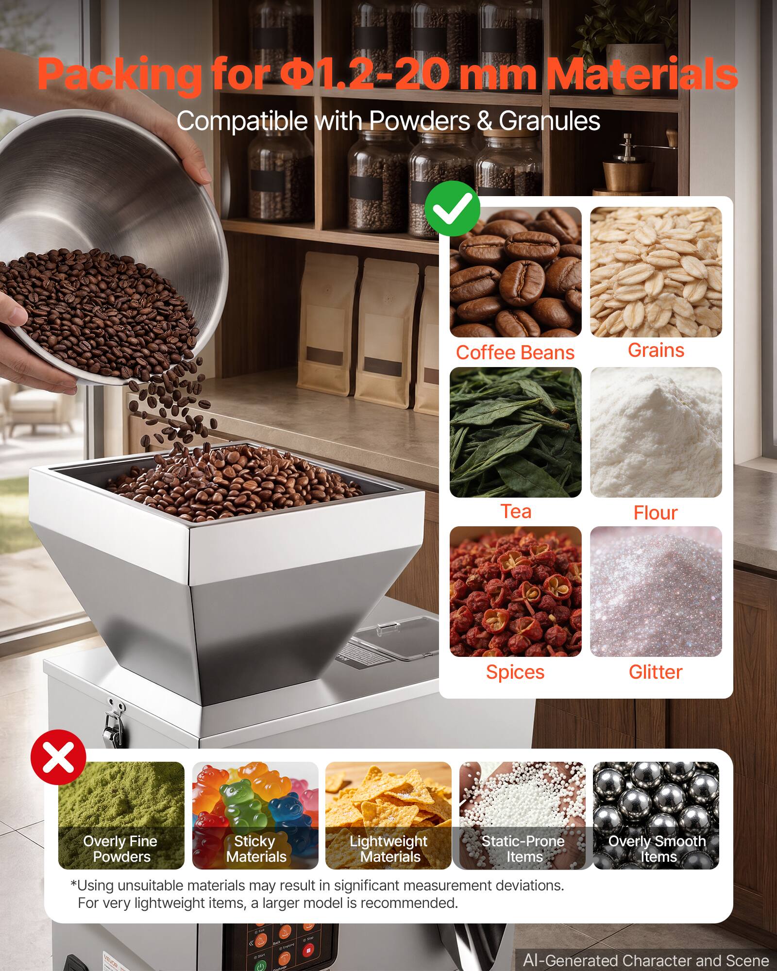 Packing for φ1.2-20 mm Materials  
Compatible with Powders & Granules  
Coffee Beans  
Grains  
Tea  
Flour  
Spices  
Glitter  

*Using unsuitable materials may result in significant measurement deviations. For very lightweight items, a larger model is recommended.  

- COM  
AI-Generated Character and Scene