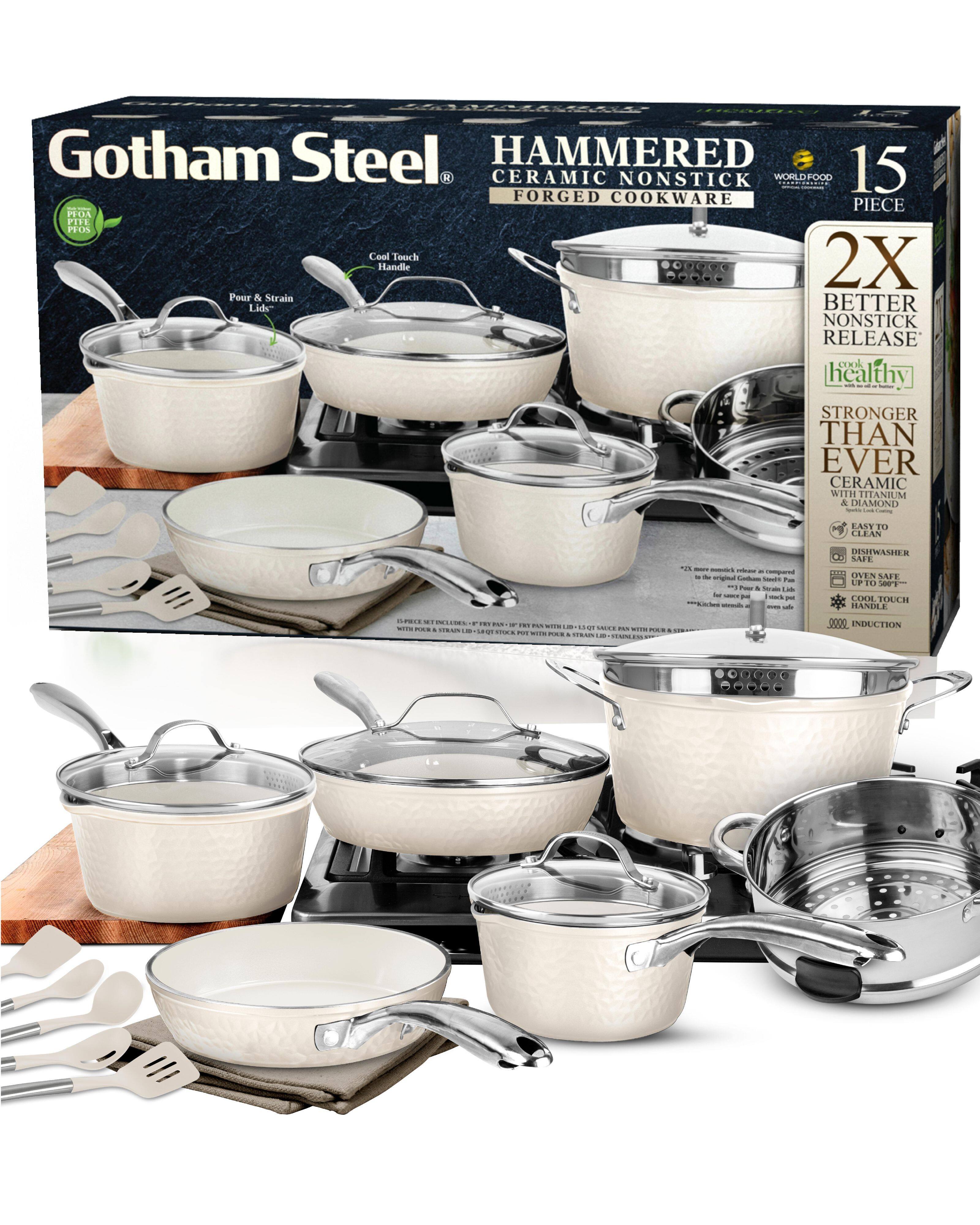 Gotham Steel HAMMERED 15 CERAMIC NONSTICK WORLD FOOD FORGED COOKWARE PIECE PEOA PIFE PEO Cool Touch Handle 2X Pour & Strain Lids" BETTER NONSTICK RELEASE cook healthy STRONGER THAN EVER CERAMIC WITH TITANIUM & DIAMOND - LAST FOOD SAFE DISHWASHER SAFE OVEN SAFE COOL TOUCH HANDLE INDUCTION