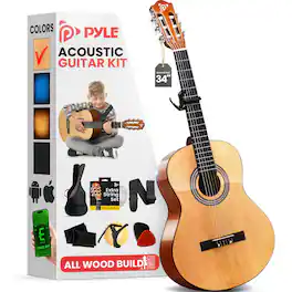 Pyle - Beginner Acoustic Guitar Kit, 1/2 Size All Wood with Capo, Gig Bag, Strings, Strap, Extra String Set - PGACMS40N - Natural Gloss