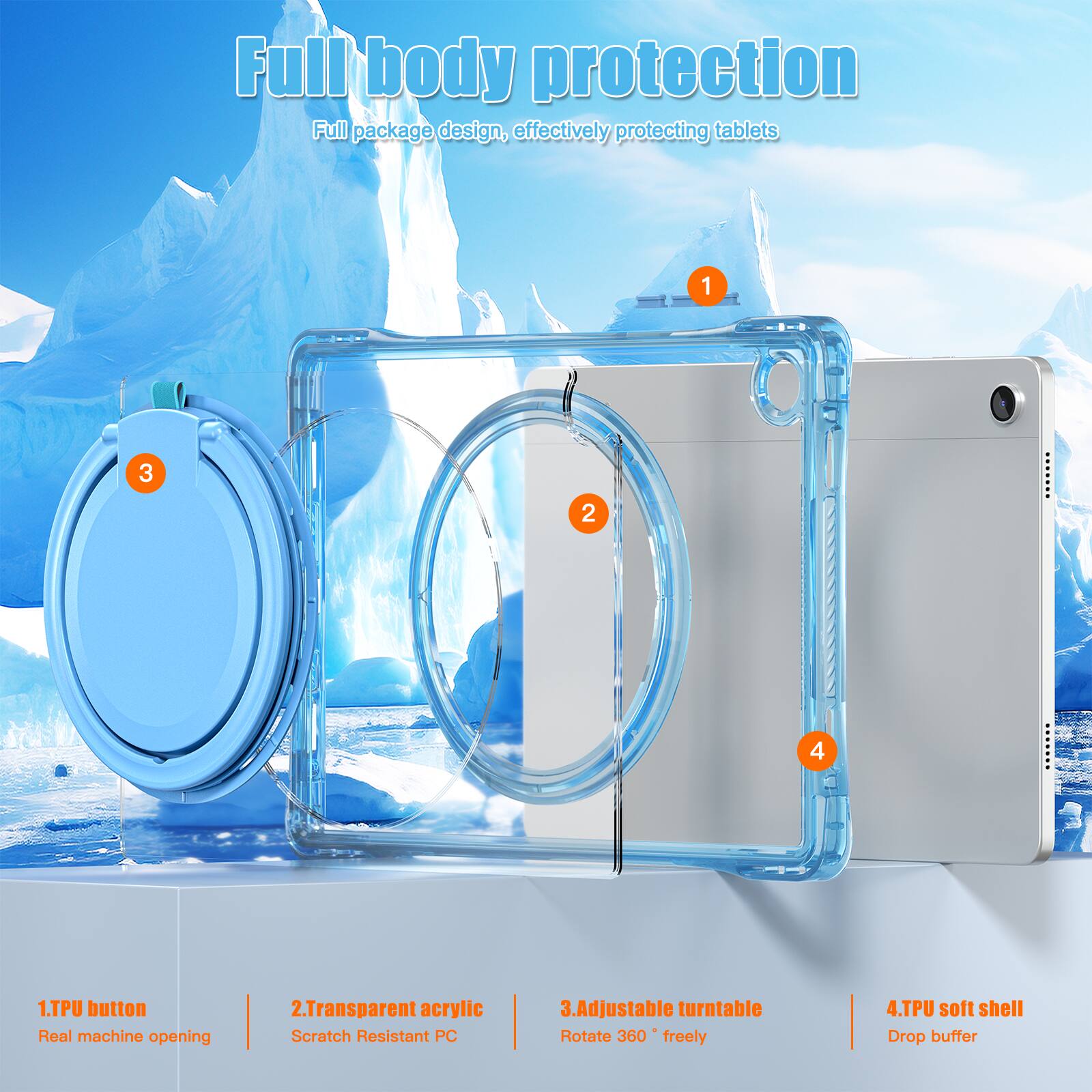 Full body protection  
Full package design, effectively protecting tablets  

1. TPU button  
Real machine opening  

2. Transparent acrylic  
Scratch Resistant PC  

3. Adjustable turntable  
Rotate 360° freely  

4. TPU soft shell  
Drop buffer