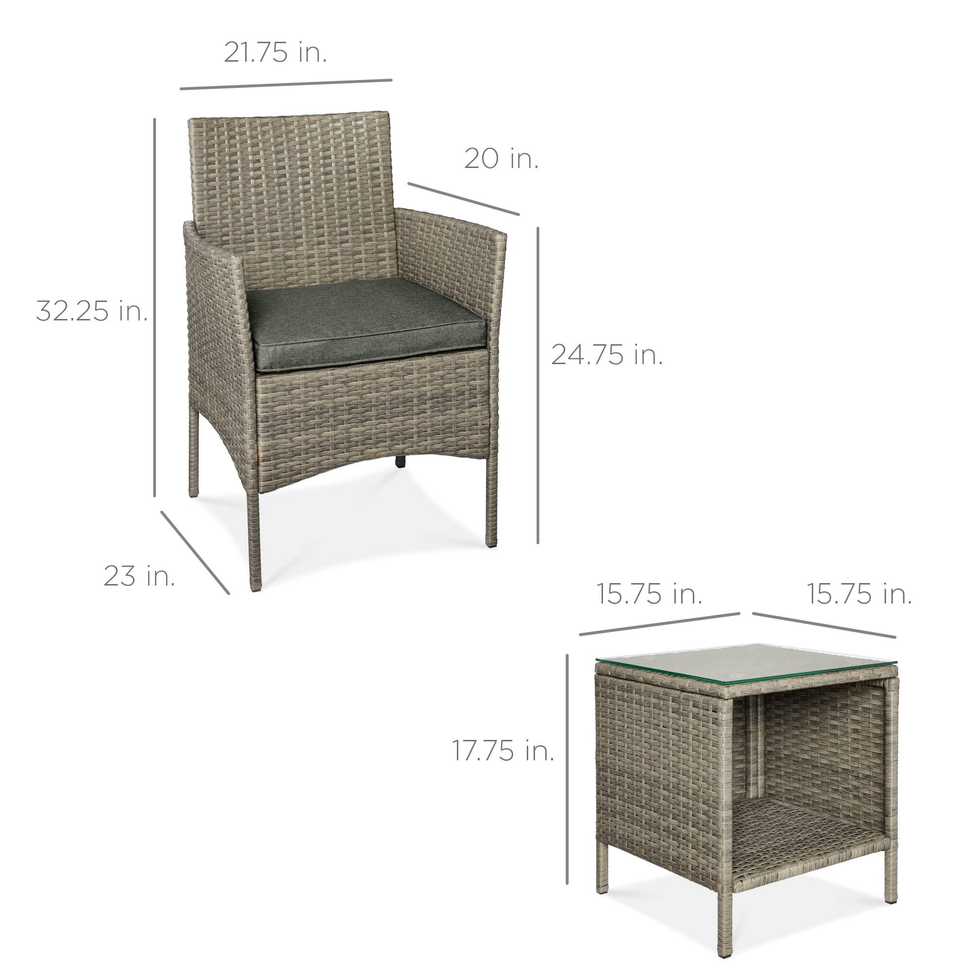 - Chair:
  - Height: 32.25 in.
  - Width: 21.75 in.
  - Depth: 24.75 in.
  - Seat Height: 17.75 in.
  - Armrest Height: 20 in.
  - Seat Depth: 23 in.

- Table:
  - Height: 15.75 in.
  - Width: 15.75 in.
  - Depth: 15.75 in.