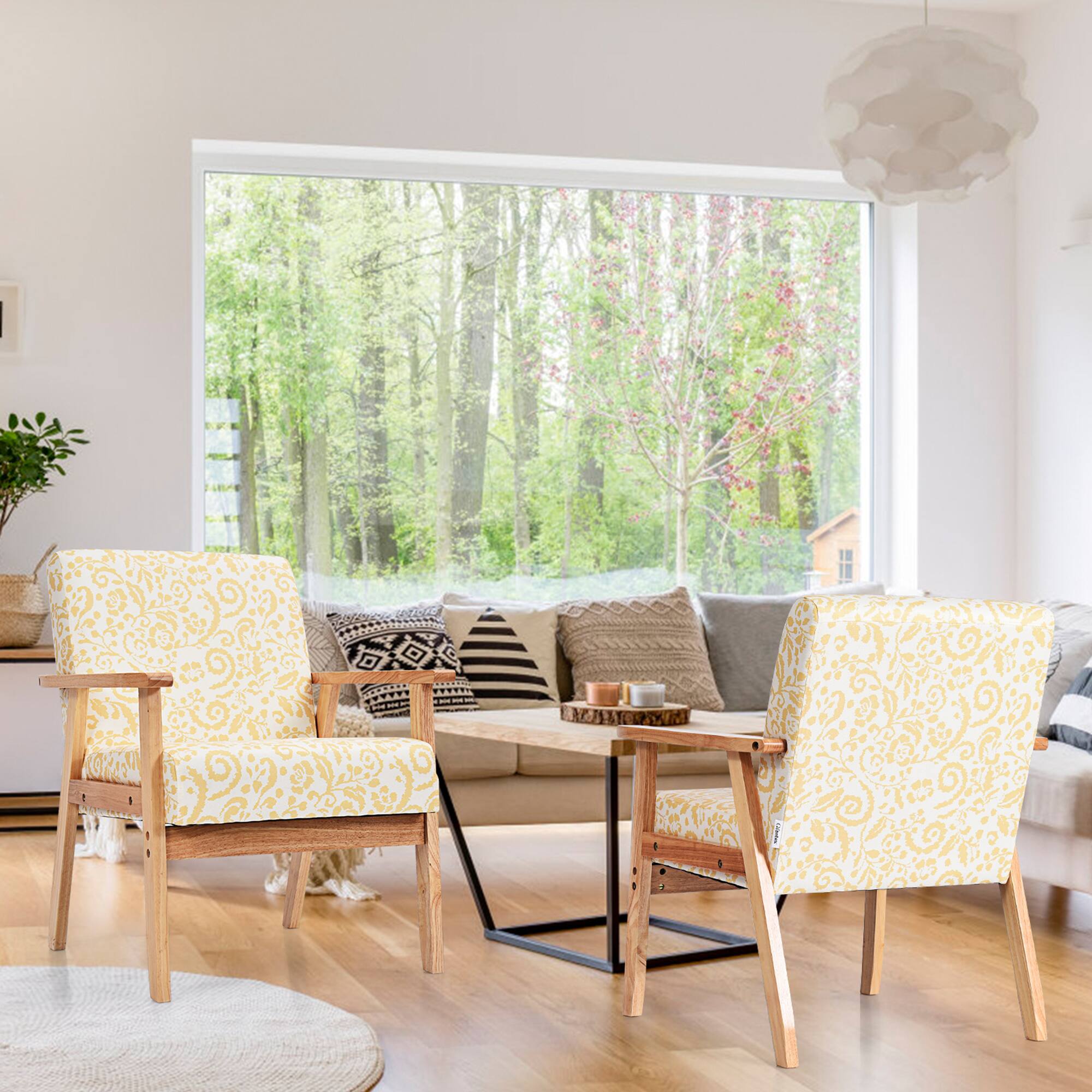 Alt View 2. Gymax - Gymax 2PCS Accent Armchair Upholstered Chair Home Office w/ Wooden Frame Yellow - Yellow.