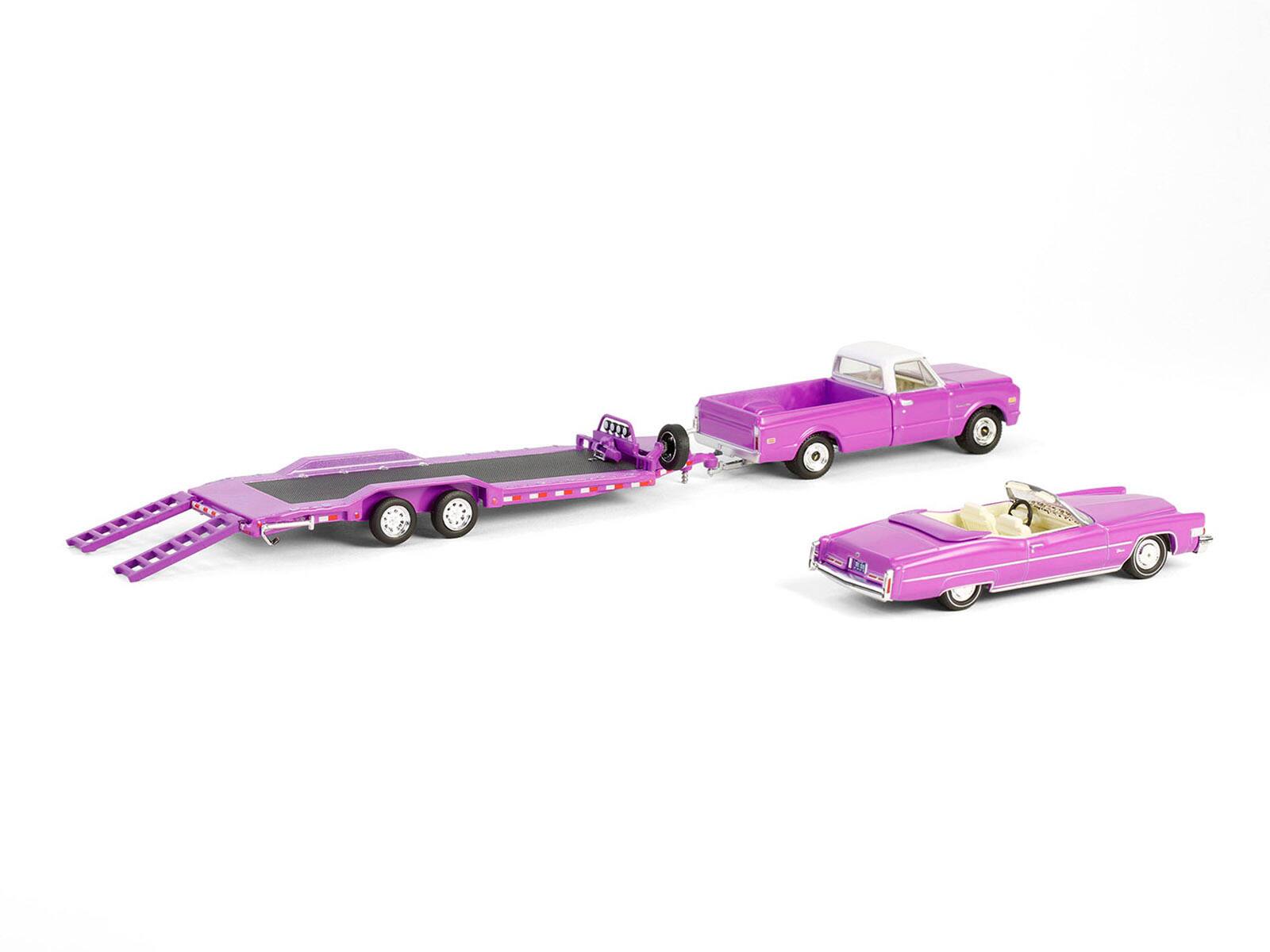 Left. Greenlight - 1974 Cadillac Eldorado Convertible Pink & 1972 Chevrolet C-30 Pickup Pink Heavy Duty Car Hauler True Romance 1/64 - Multicolor.