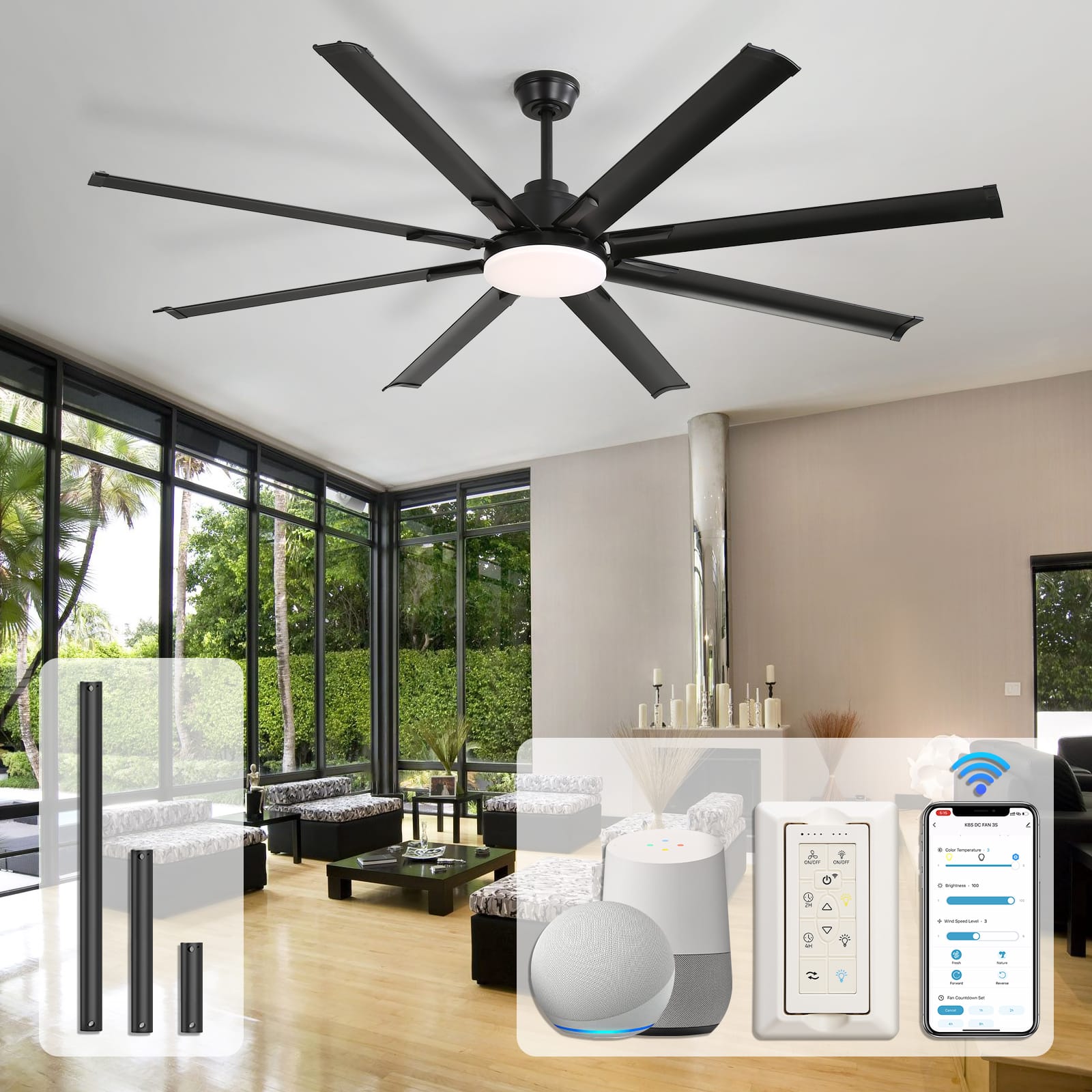 Sofucor - Large Smart Ceiling Fan with Light, Indoor/Outdoor, Alexa/Google/App Control, 8 ABS Blades, Remote - Black-72inch