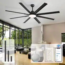 Sofucor - Large Smart Ceiling Fan with Light, Indoor/Outdoor, Alexa/Google/App Control, 8 ABS Blades, Remote - Black-72inch
