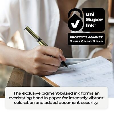 uni Super Ink™  
PROTECTS AGAINST  
WATER  
FADING  
FRAUD  

The exclusive pigment-based ink forms an everlasting bond in paper for intensely vibrant coloration and added document security.
