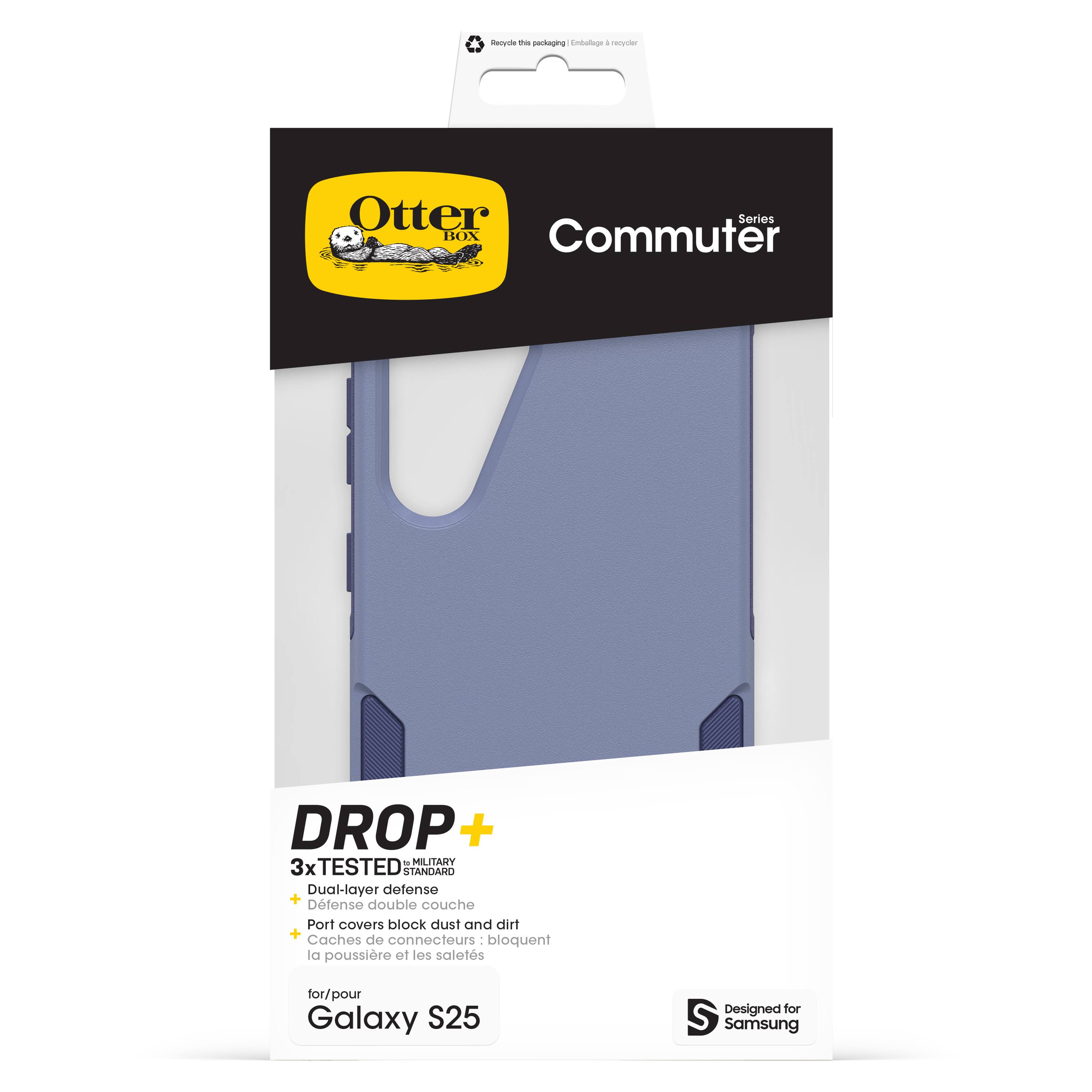 The text on the image reads: "DROP + - 3x TESTED - 3x STANDARD - MILITARY GRADE - DUAL-LAYER DEFENSE - DENSE DOUBLE COVER - PORT COVERS - BLOCK DUST AND DIRT - CATCHES DUST AND DIRT - DESIGNED FOR SAMSUNG GALAXY S25."